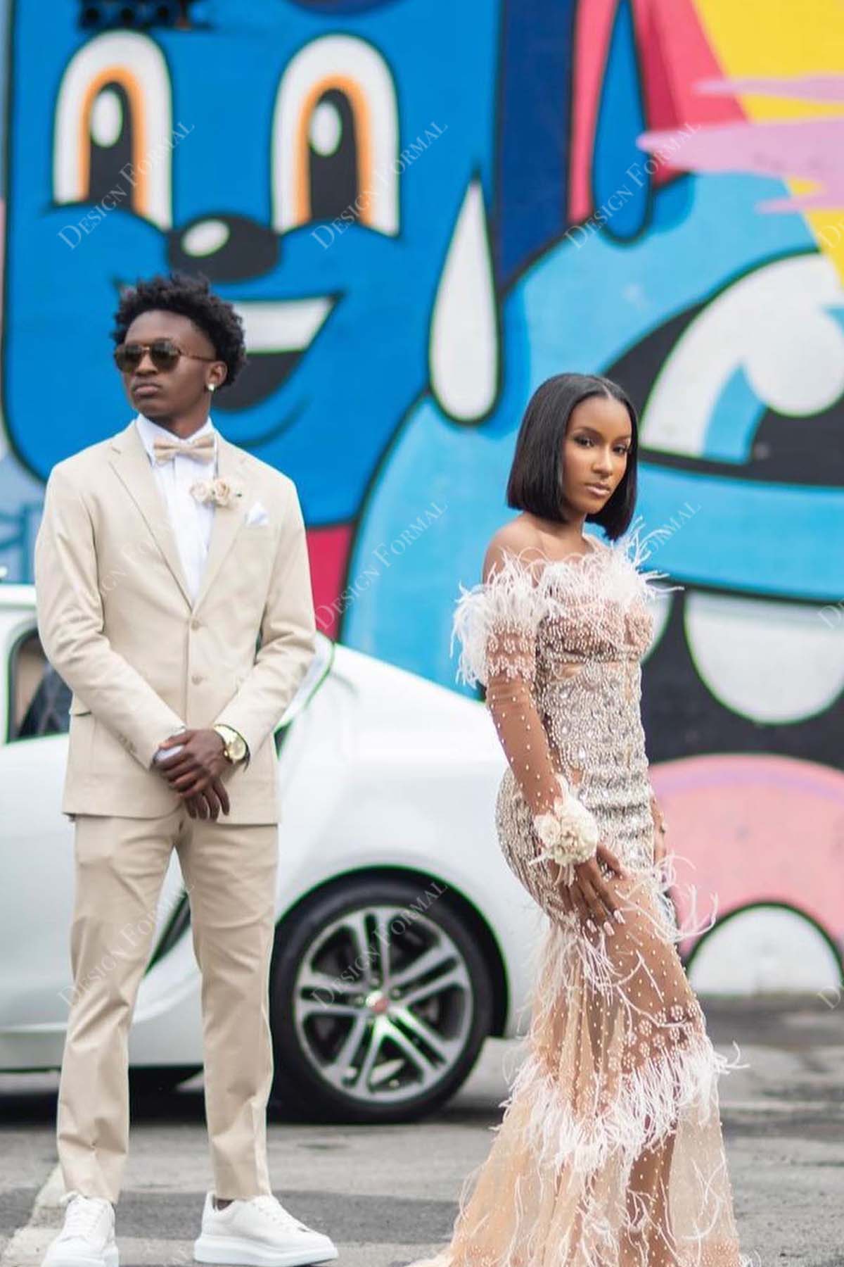 off-shoulder ivory feather illusion mermaid prom dress