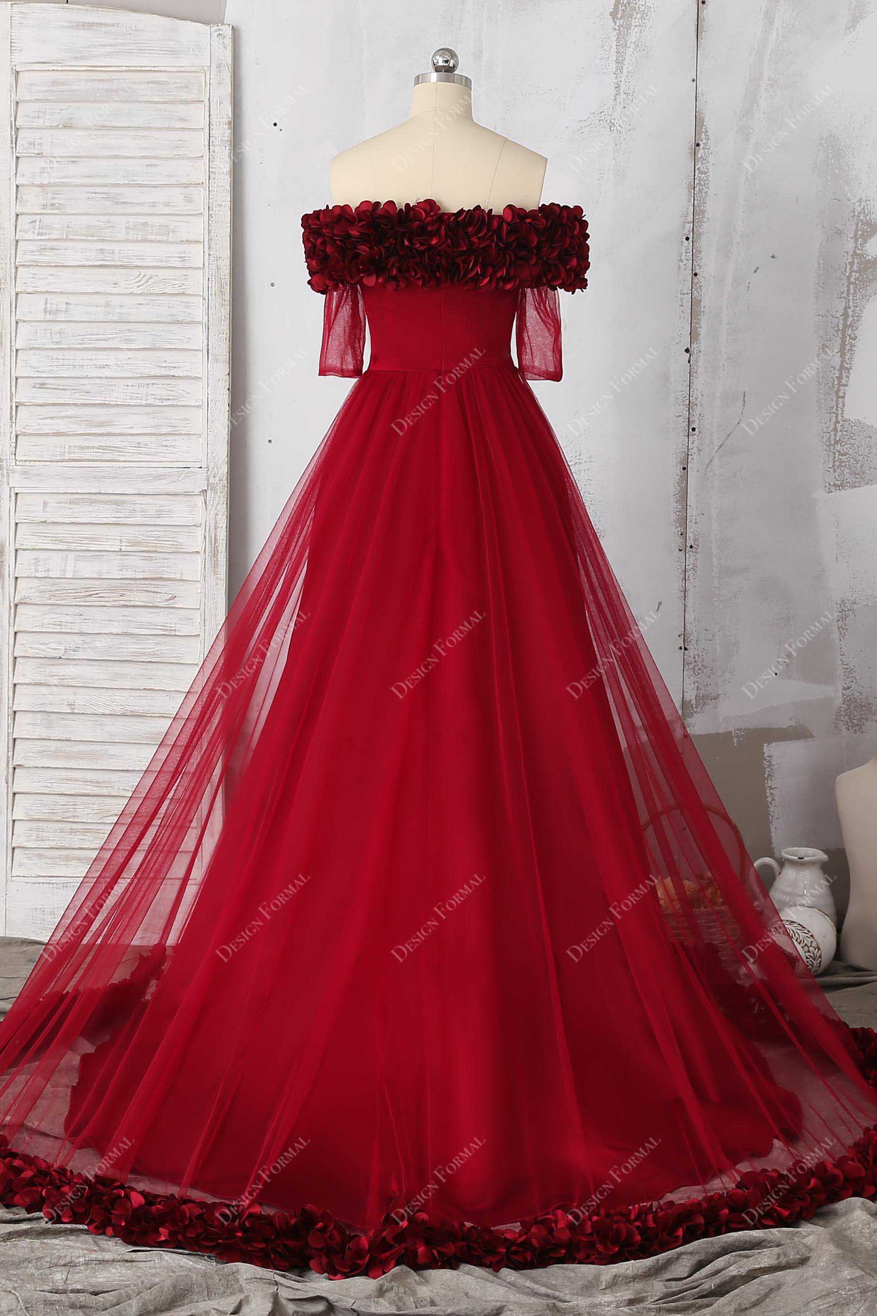 off-shoulder handmade 3D petals sweep-floor prom dress
