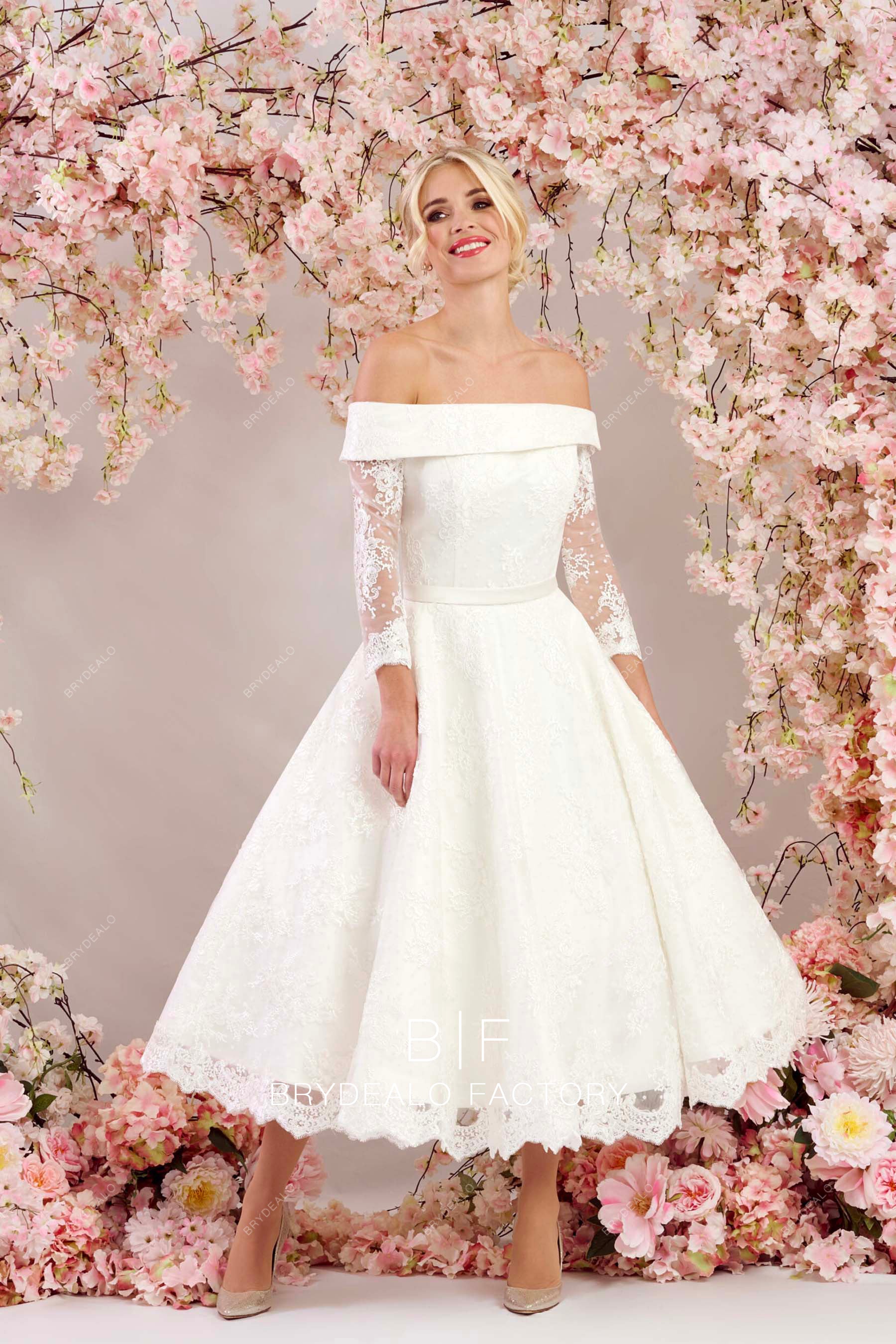 Timeless Off-Shoulder 3/4 Sleeve Custom Lace Tea-Length Wedding Dress Timeless Off-Shoulder 3/4 Sleeve Custom Lace Tea-Length Wedding Dress