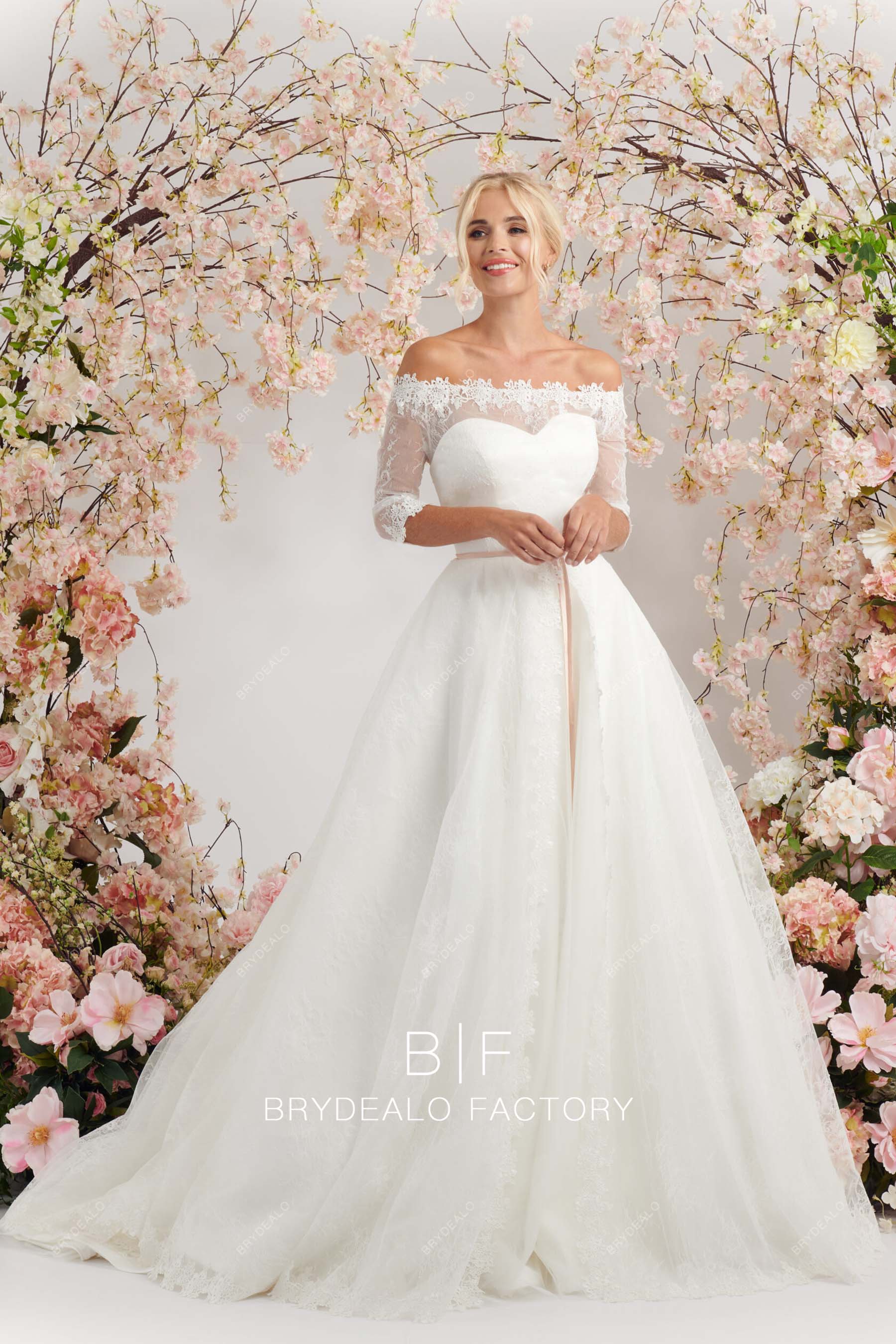 Vintage Lace Off-Shoulder Sheer 3/4 Sleeves Custom Wedding Ball Gown Vintage Lace Off-Shoulder Sheer 3/4 Sleeves Custom Wedding Ball Gown