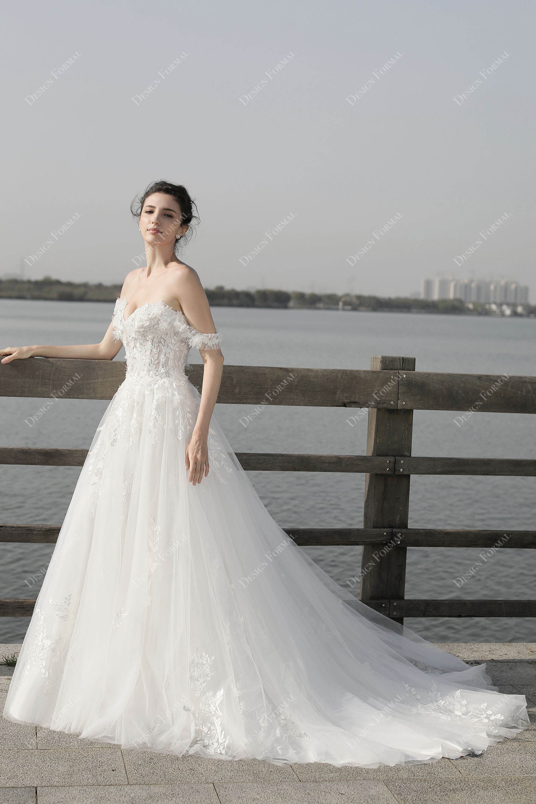 Flower Off Shoulder Lace Destination A-line Wedding Dress