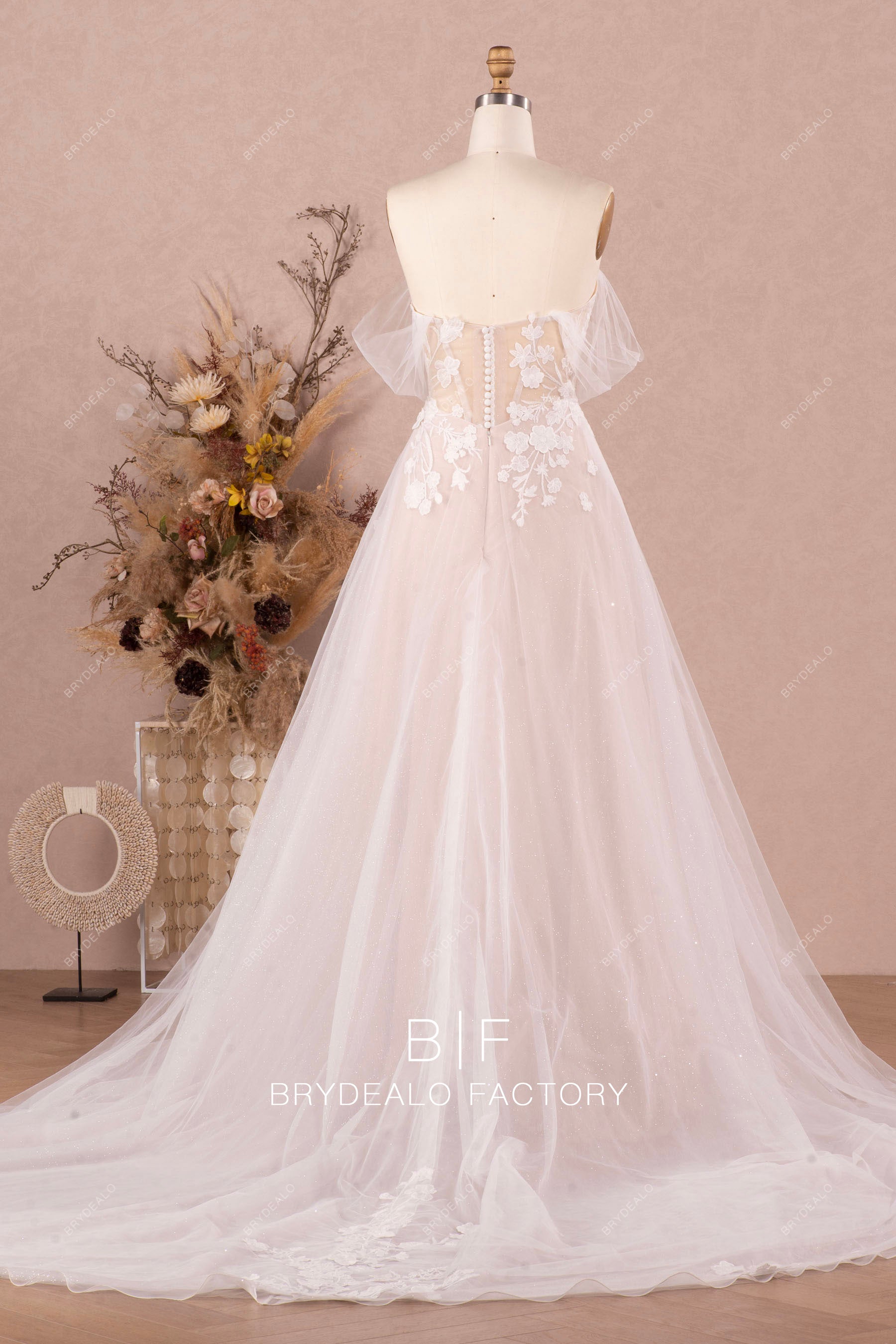 elegant long train off shoulder lace tulle wedding dress