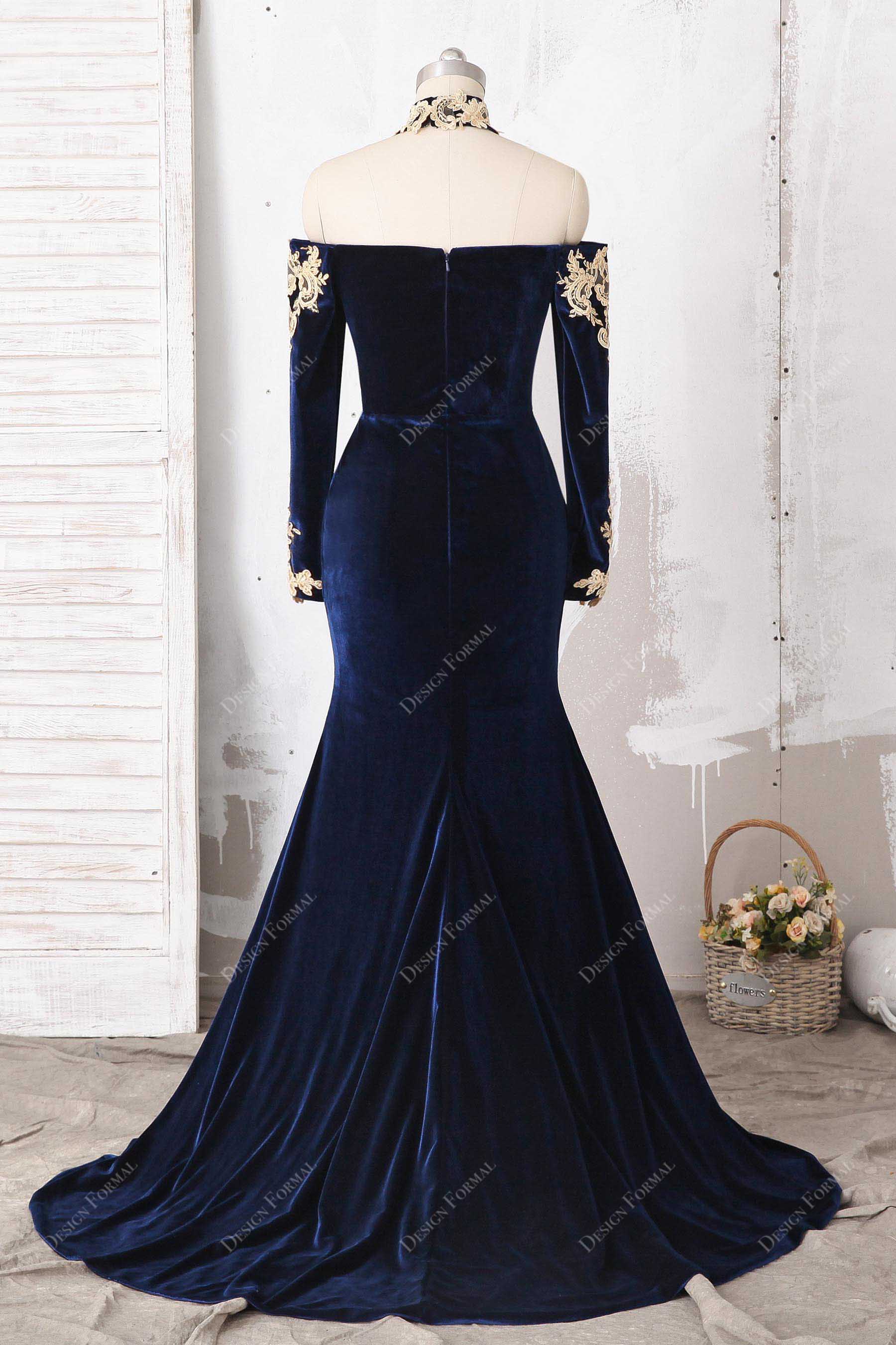 off-shoulder navy blue velvet mermaid gown