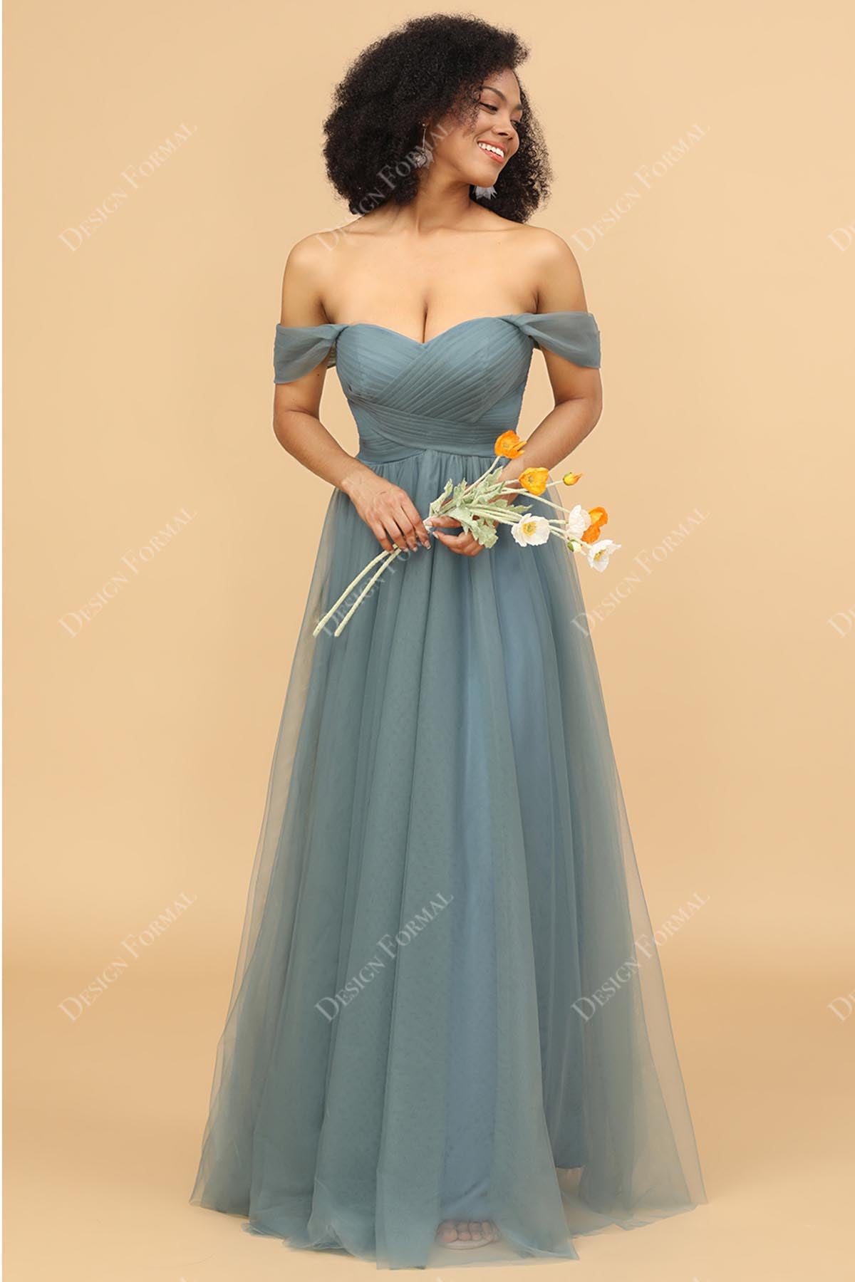 Dusty Sage Tulle Floor Length Off-the-Shoulder Bridesmaid Prom Dress