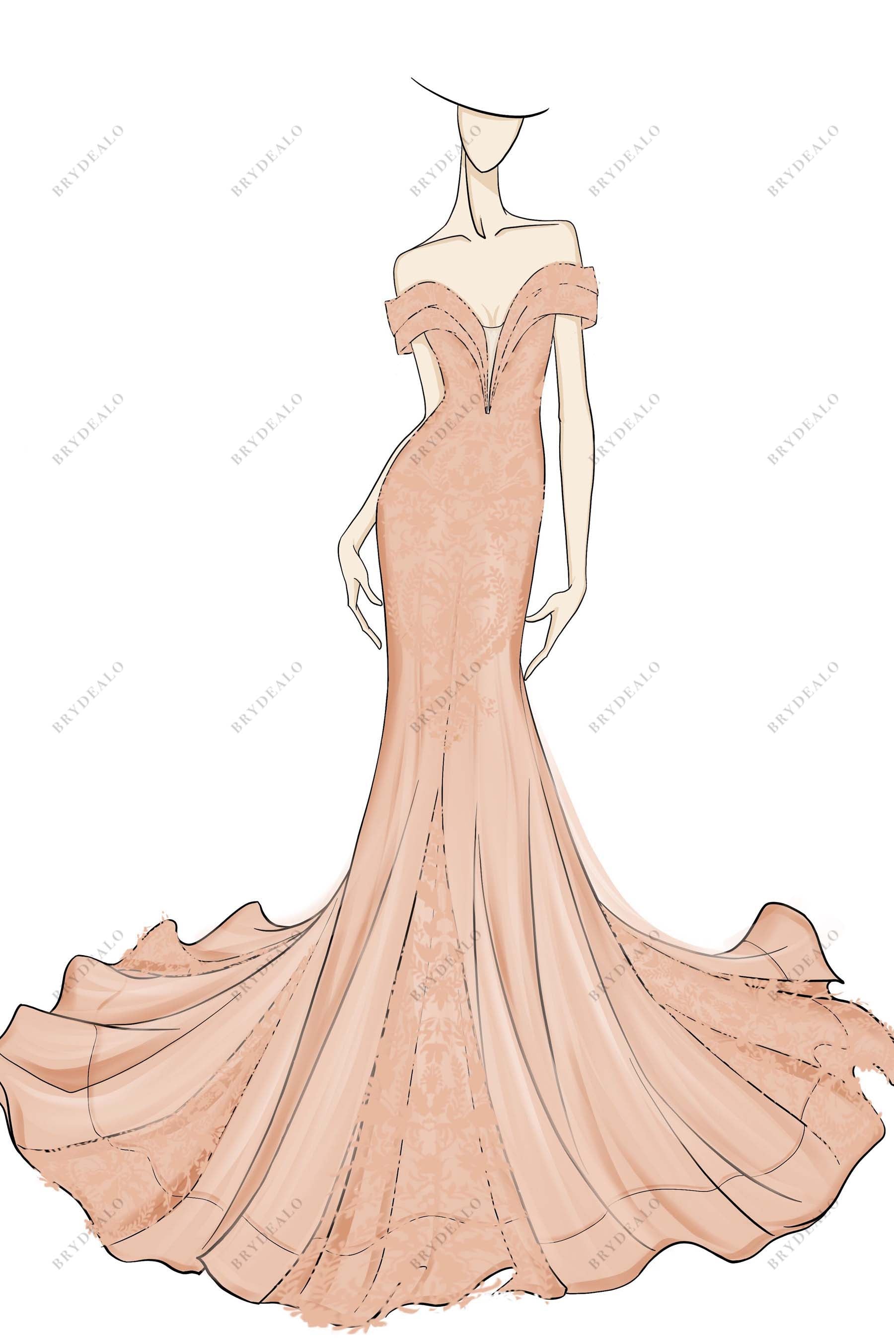 Off-shoulder Plunging Dusty Pink Custom Wedding Dress Sketch, The Shown Sketch Off-shoulder Plunging Dusty Pink Custom Wedding Dress Sketch, The Shown Sketch