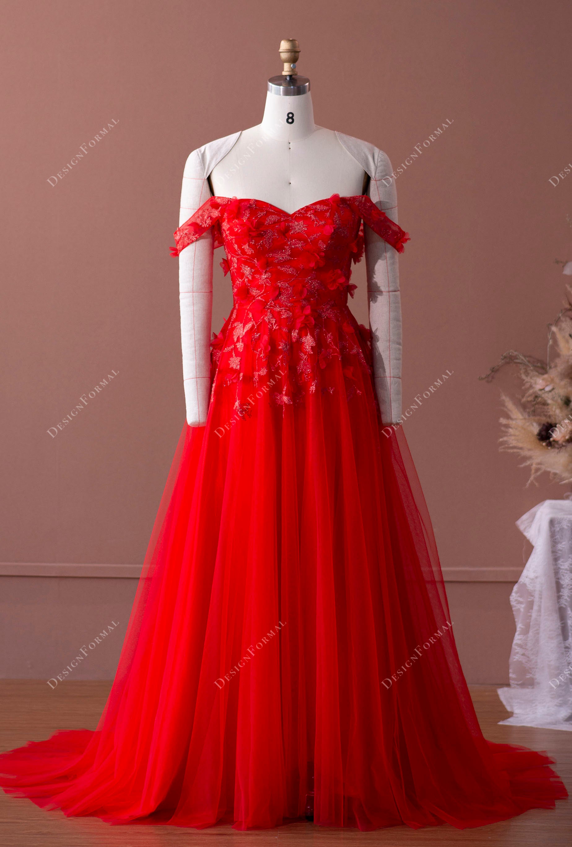 Designer Off-Shoulder Fairy Red Lace Tulle A-Line Formal Bridal Dress Designer Off-Shoulder Fairy Red Lace Tulle A-Line Formal Bridal Dress