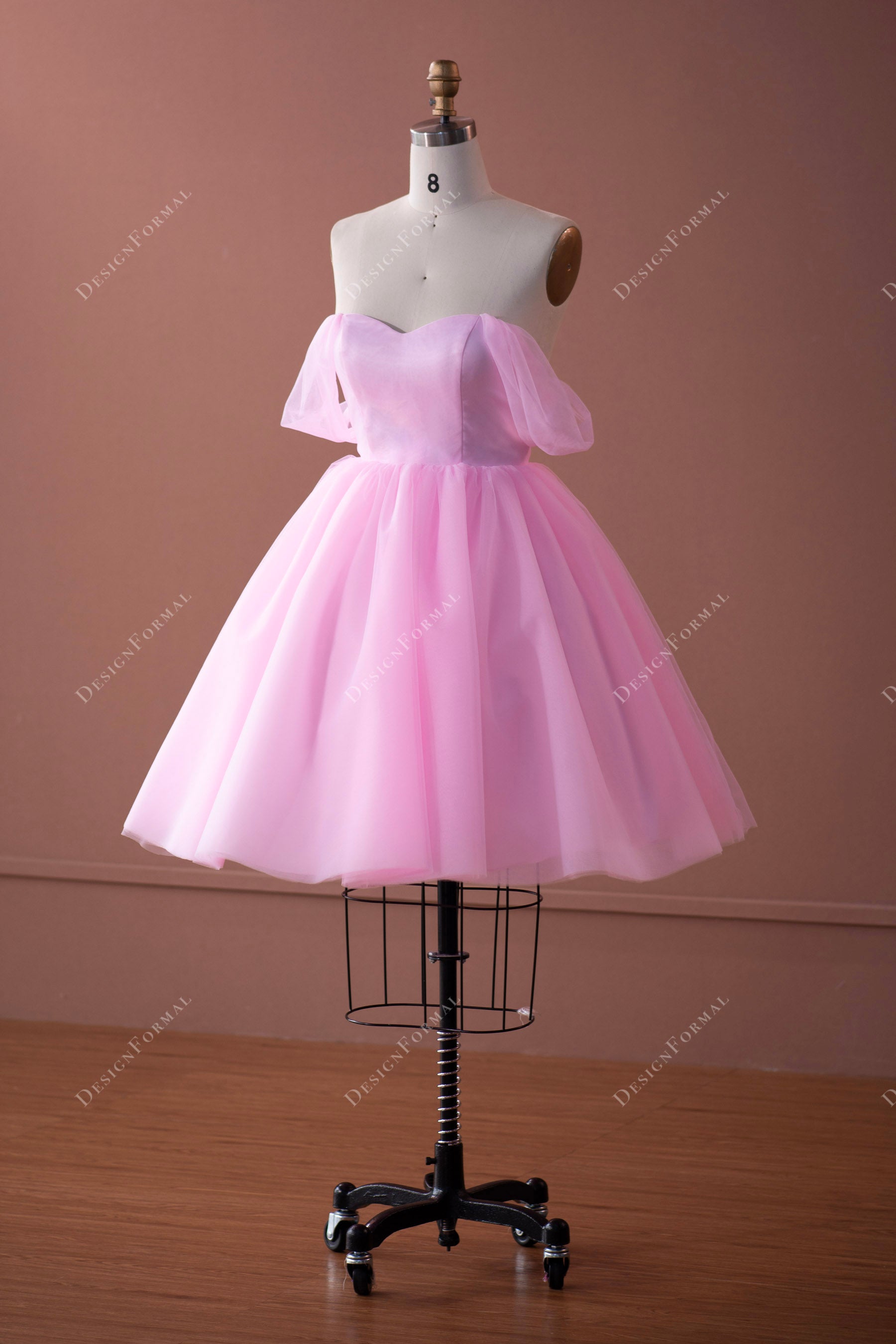 off-the-shoulder puffy knee length prom formal gown