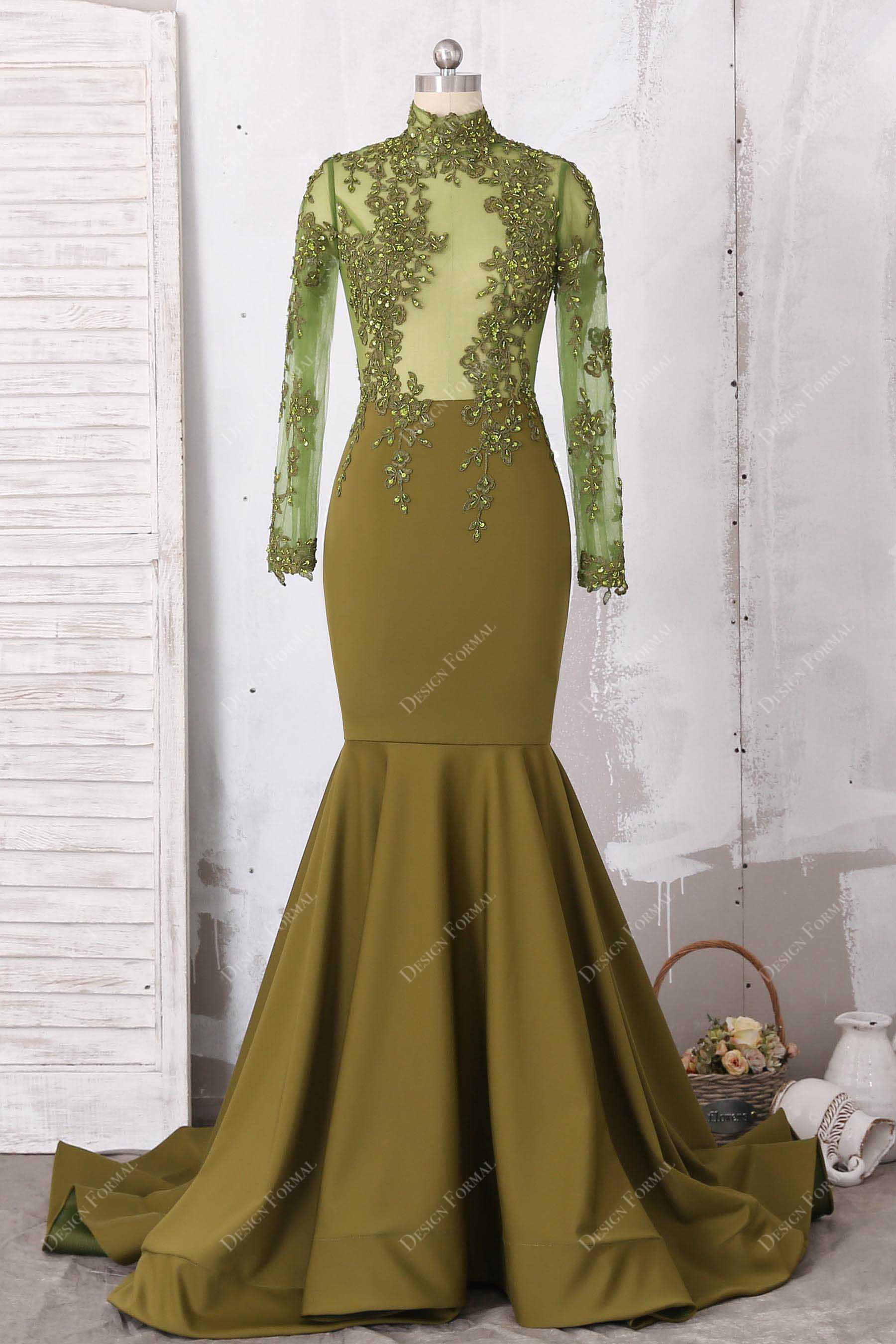 olive green sheer bodice mermaid jersey prom dress