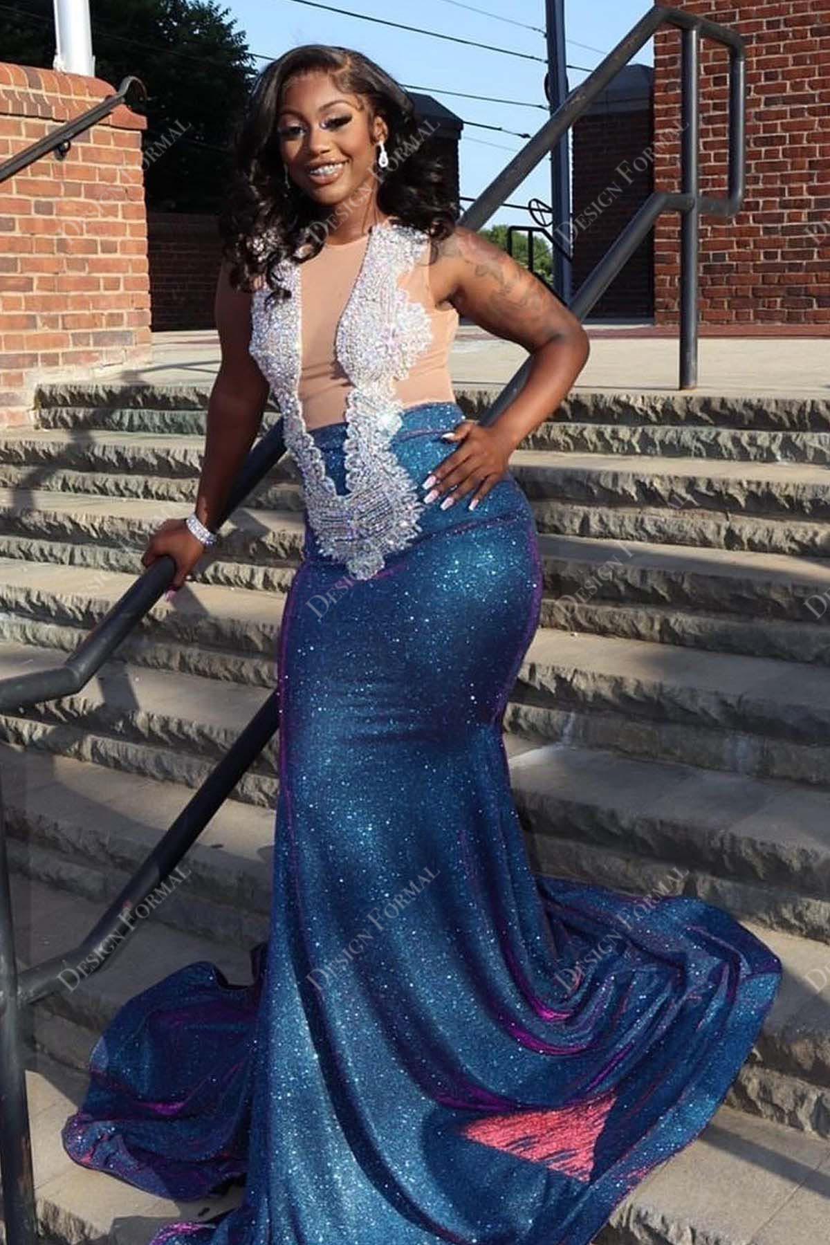 ombre glitter mermaid rhinestones sleeveless prom dress