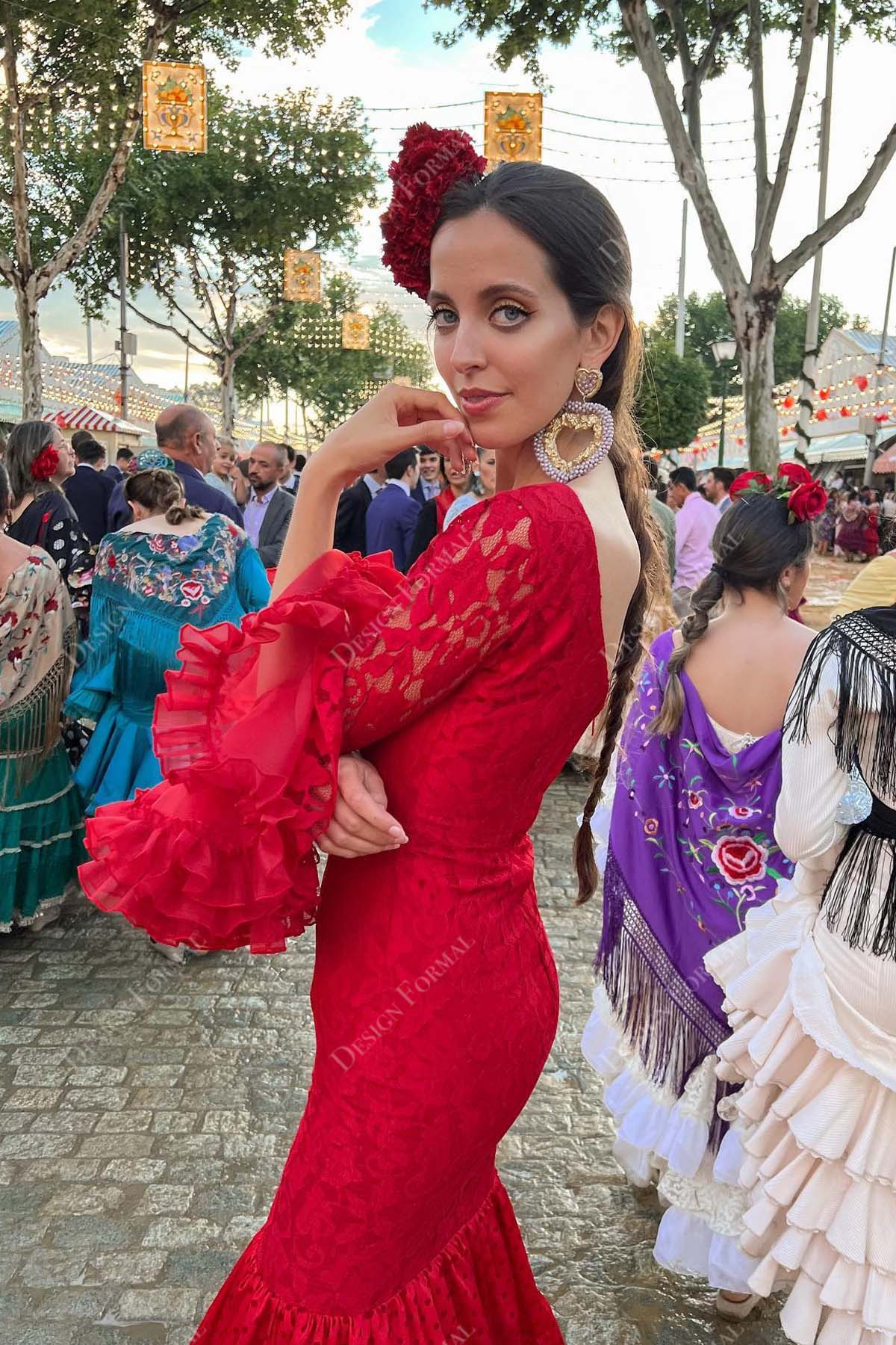 one fluffy sleeve lace low back trumpet prom dress