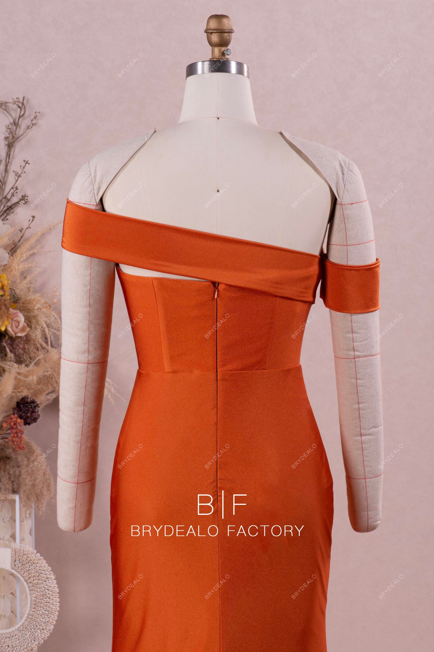 stretchy rusty off shoulder jersey bridesmaid dress