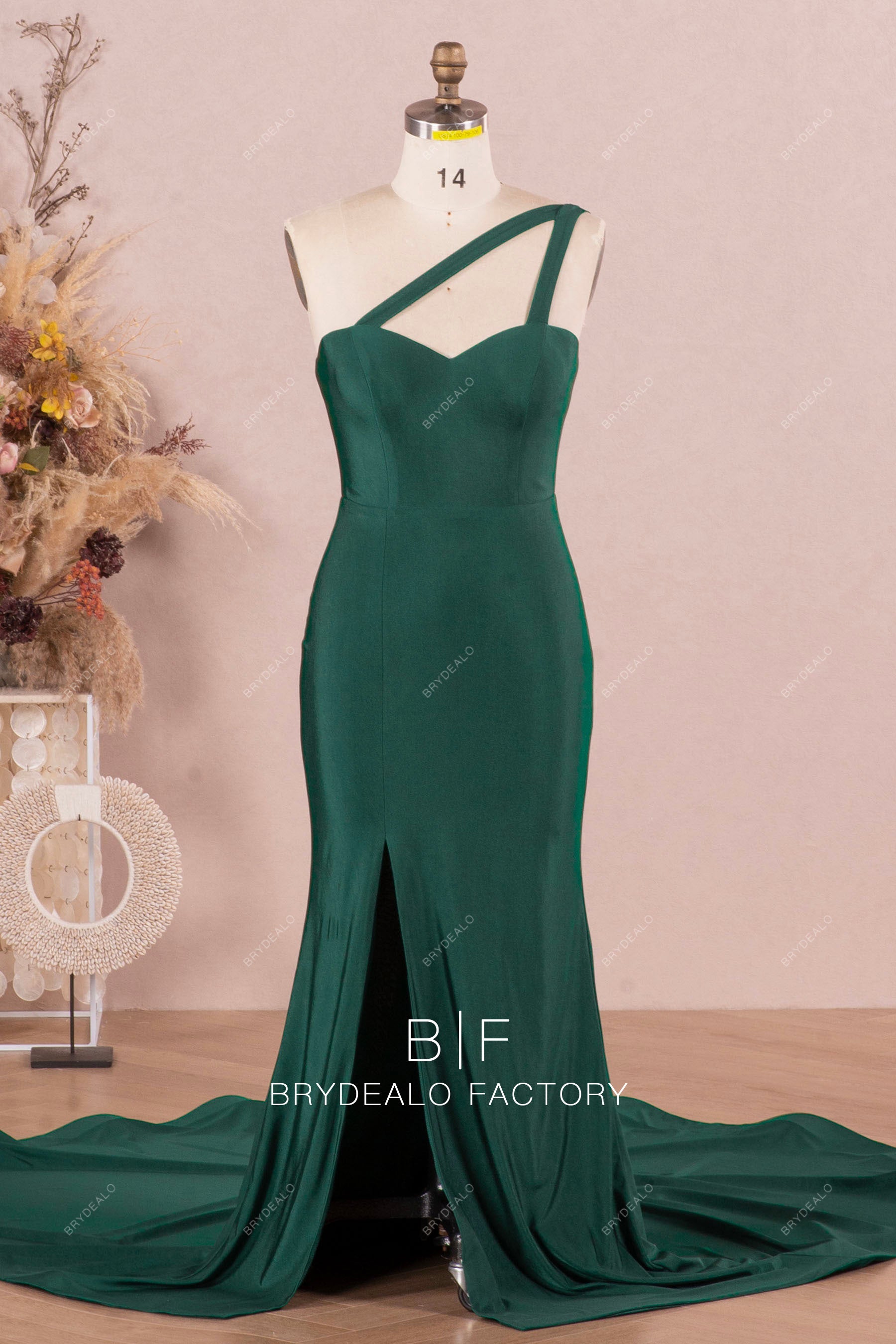 Dark Green Jersey Sleeveless Sweetheart Mermaid Slit Bridesmaid Dress, image size:1800x2700