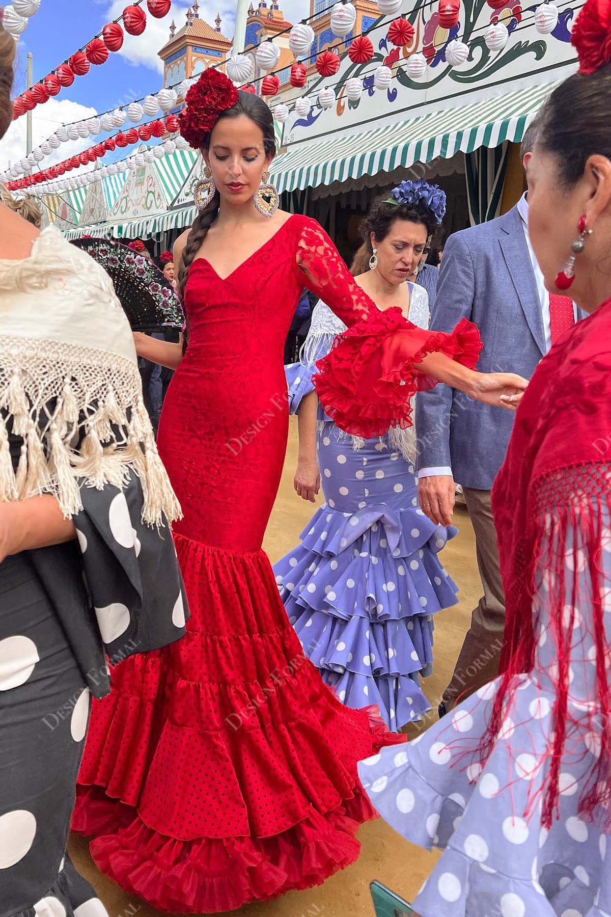 luxury red lace one sleeve ruffled tiered trumpet prom dress