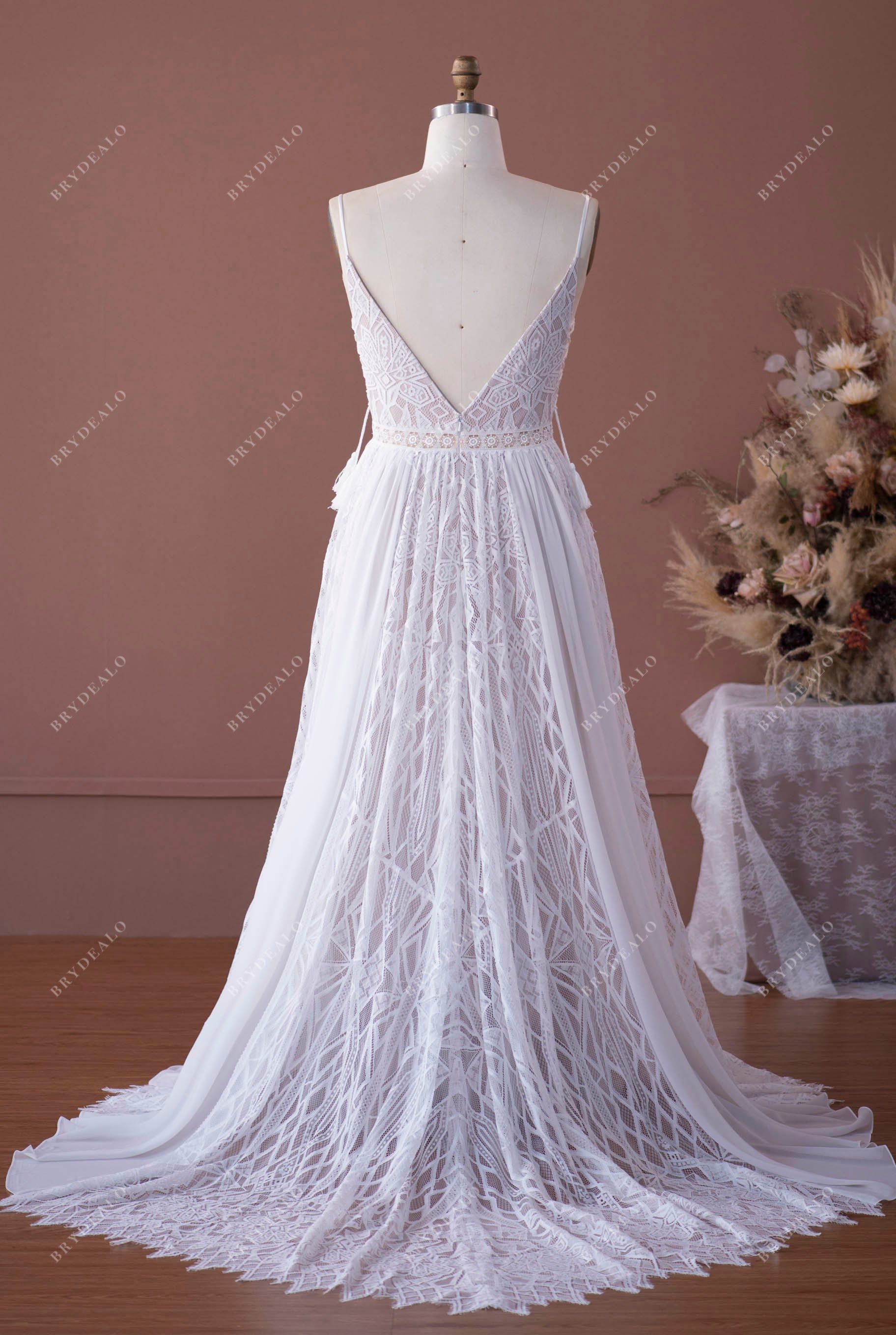 open V-back chapel train beach bridal gown