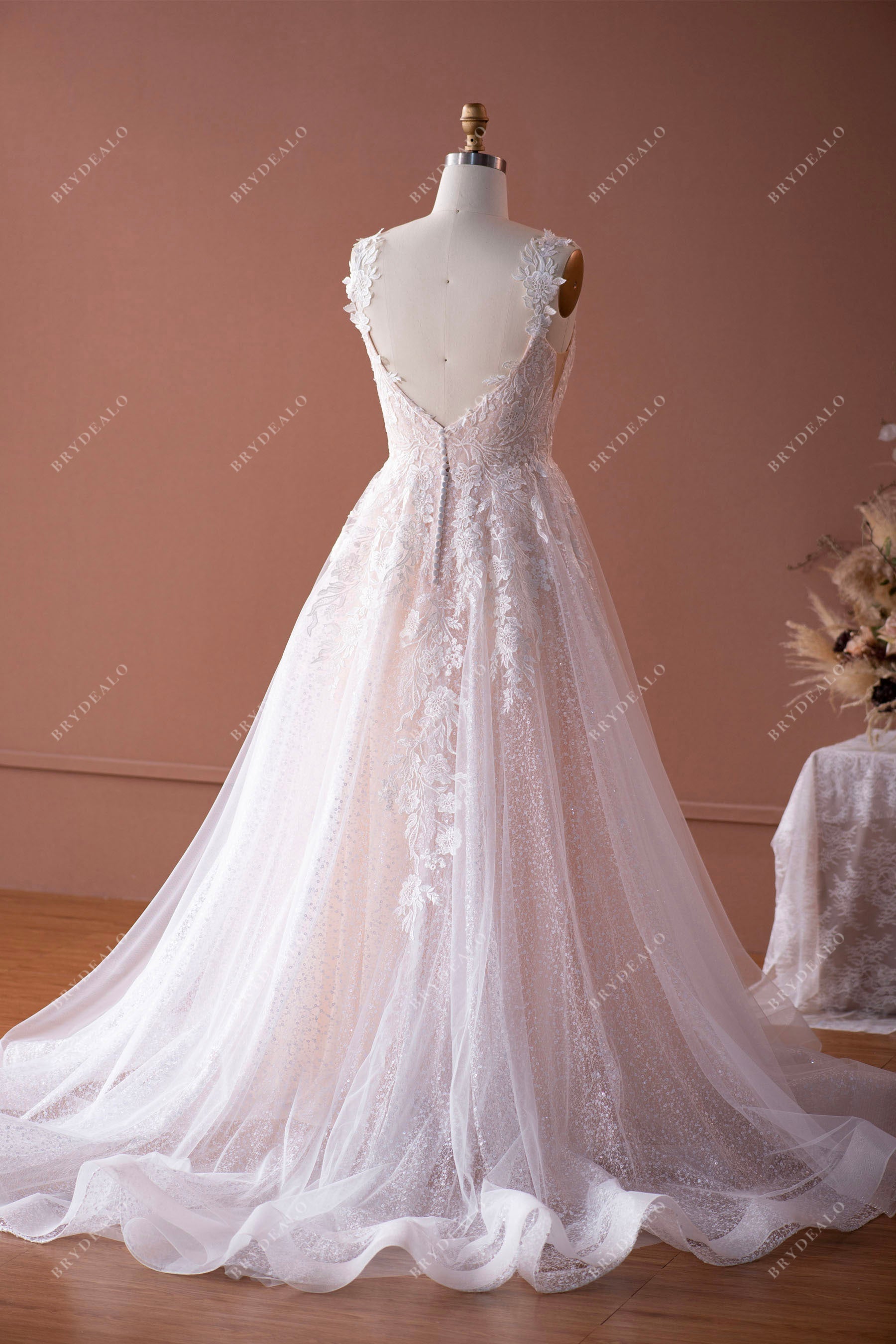 open V-back horsehair court train destination wedding dress