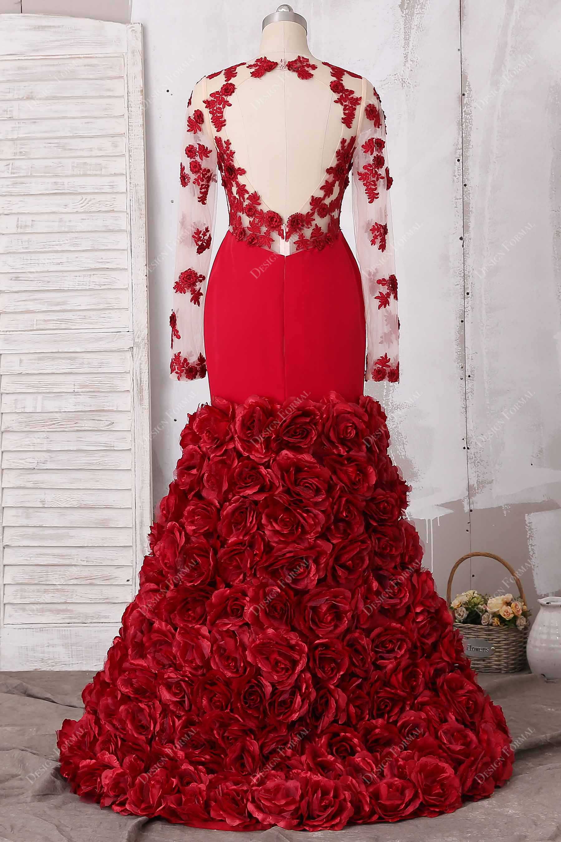 open back 3D roses trumpet prom gown