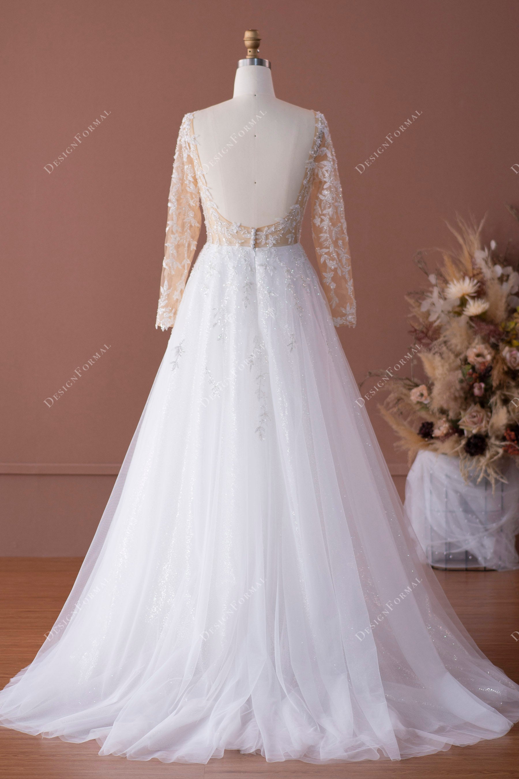sparkly leaf lace open back tulle illusion sleeved A-line wedding dress