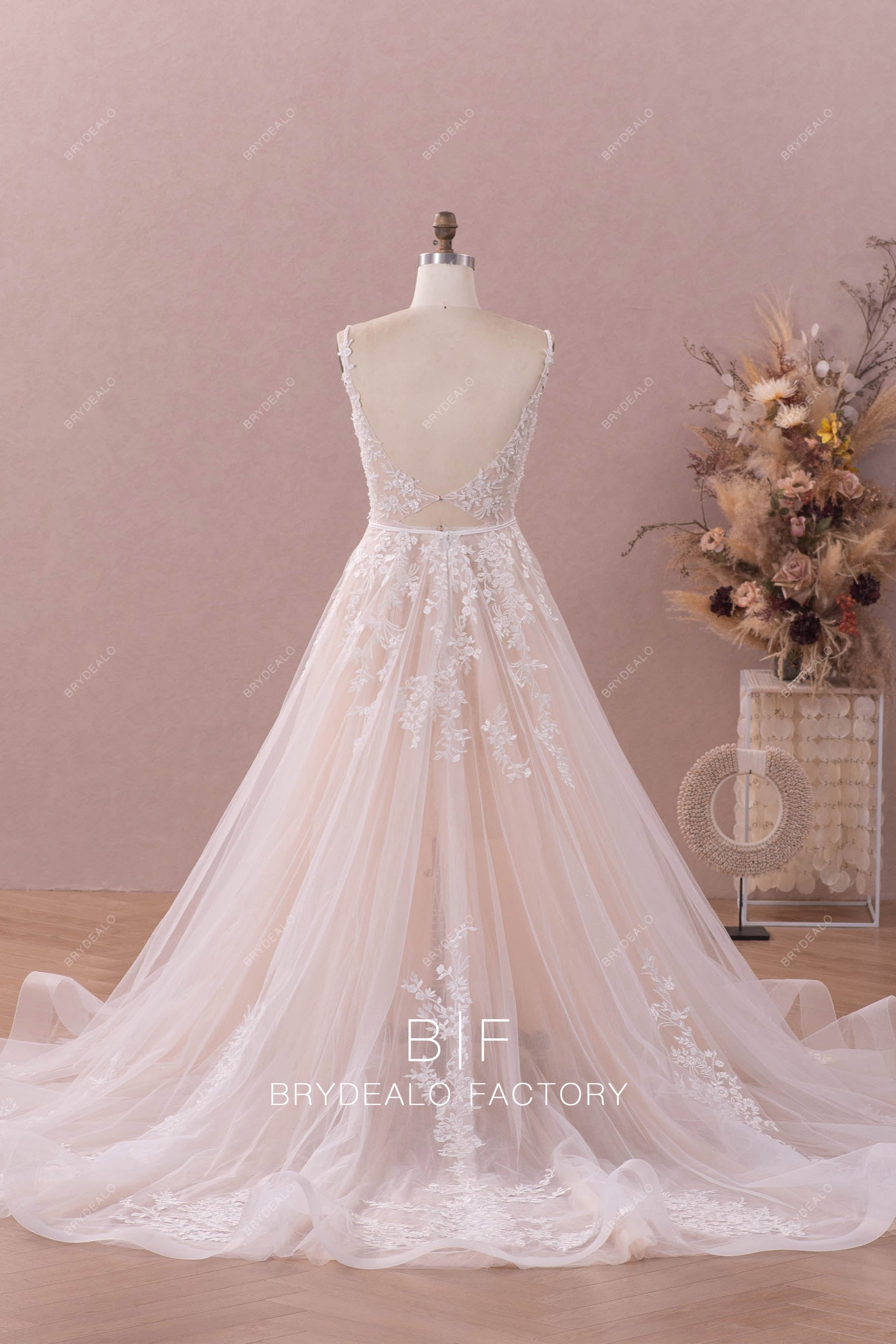 long A-line overskirt open back lace wedding dress
