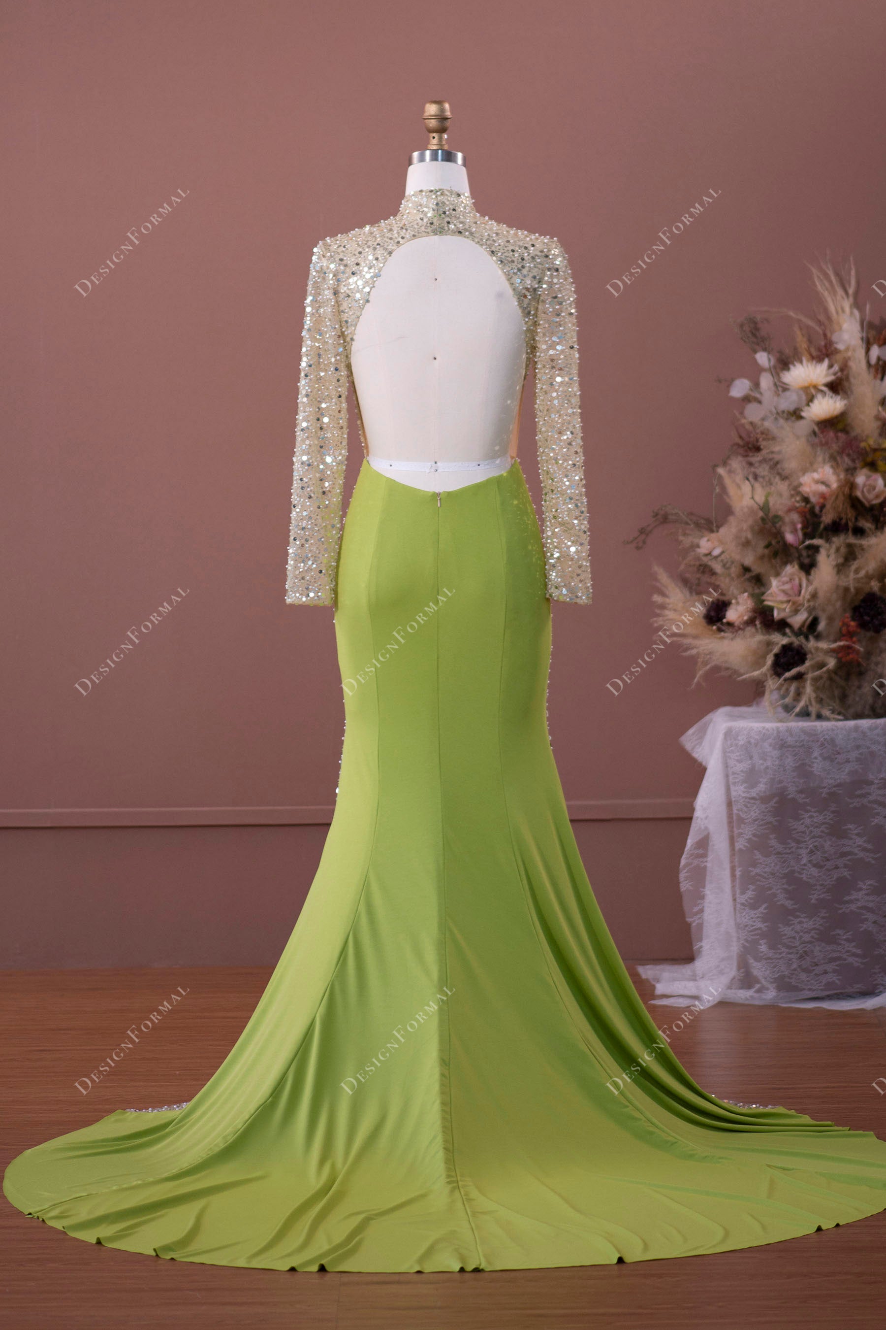 open back stylish sequin mermaid prom gown