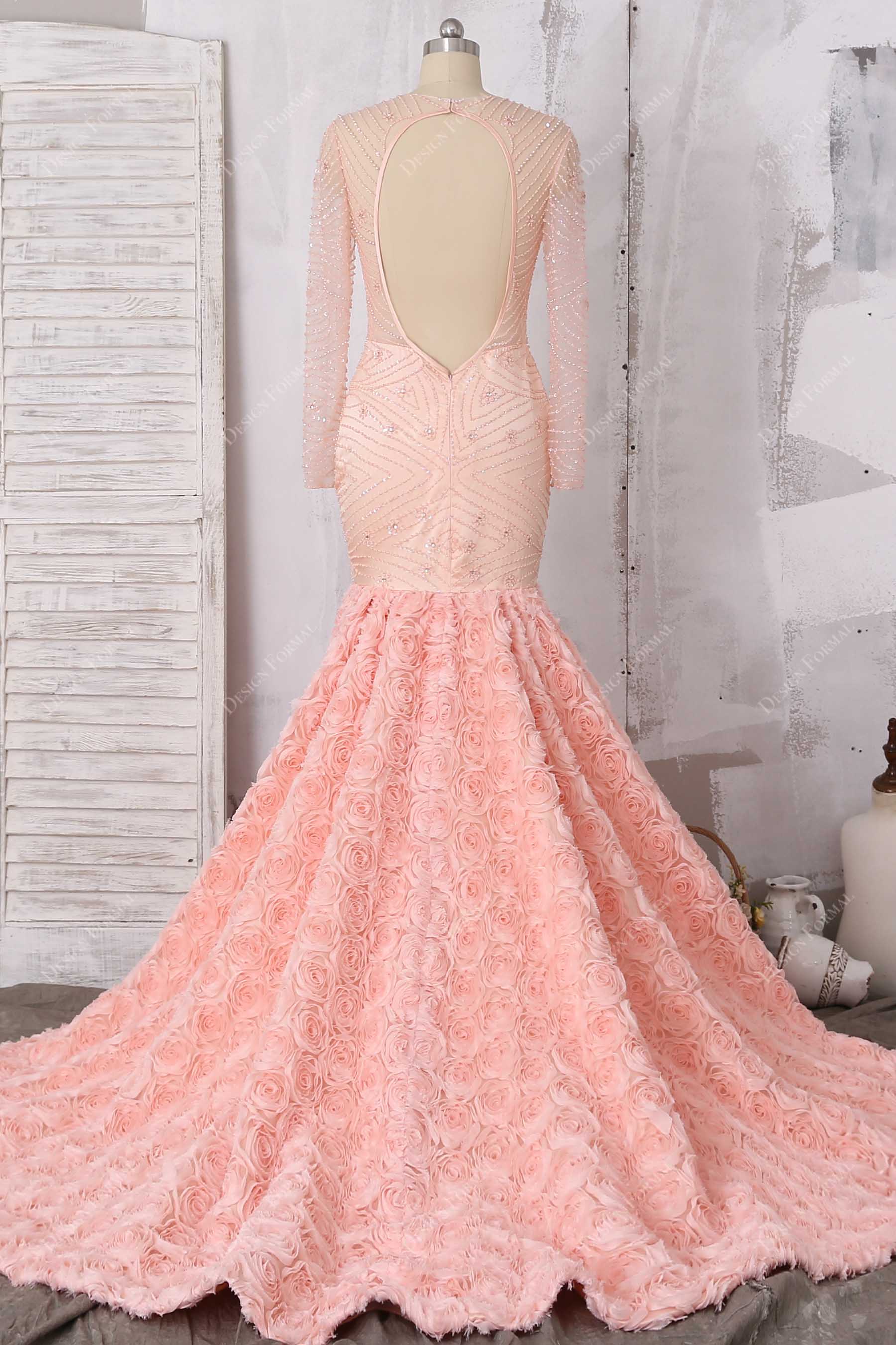 open back beaded trumpet peach pink prom dress