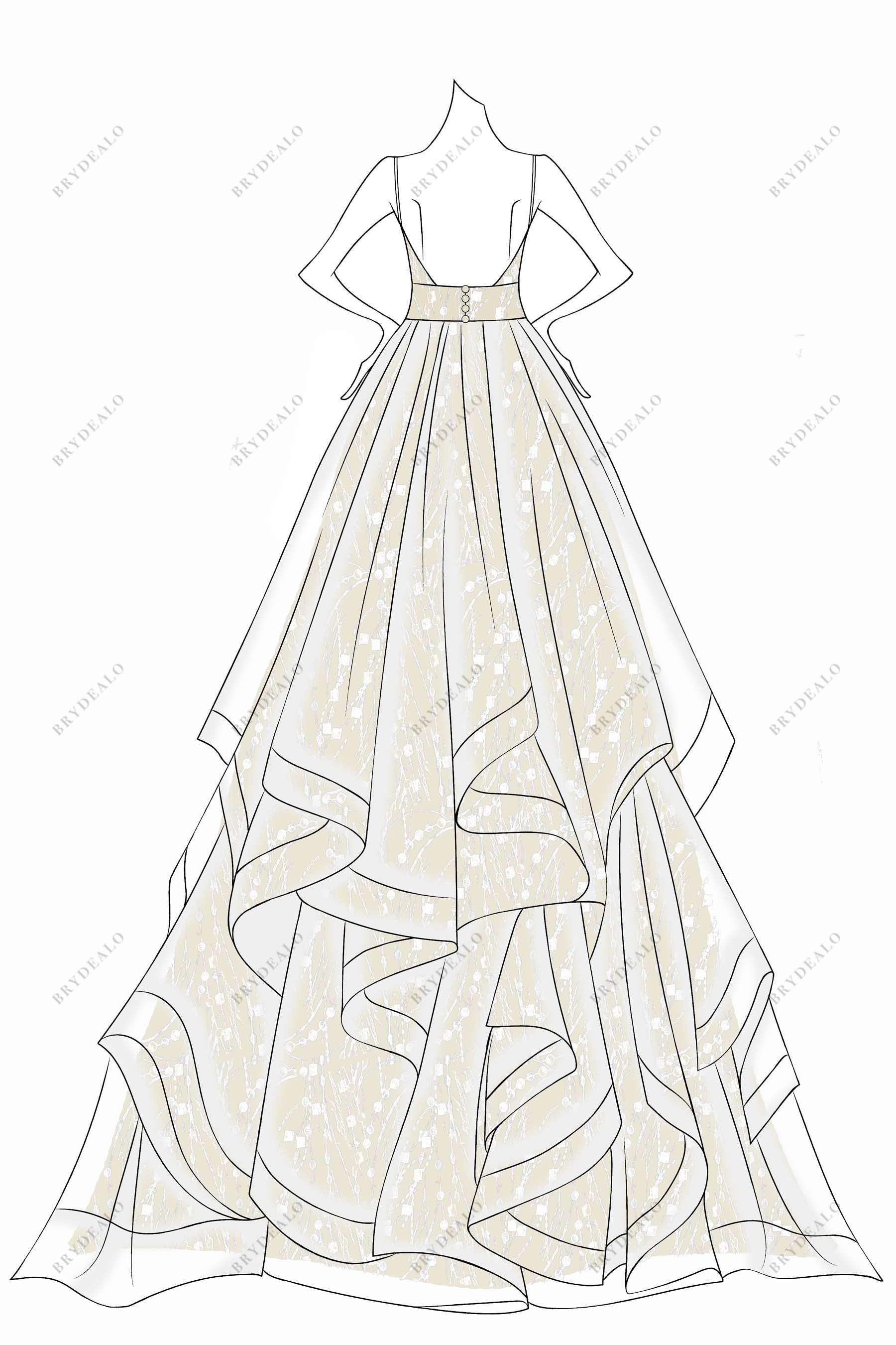 open back champagne ruffled wedding dress sketch