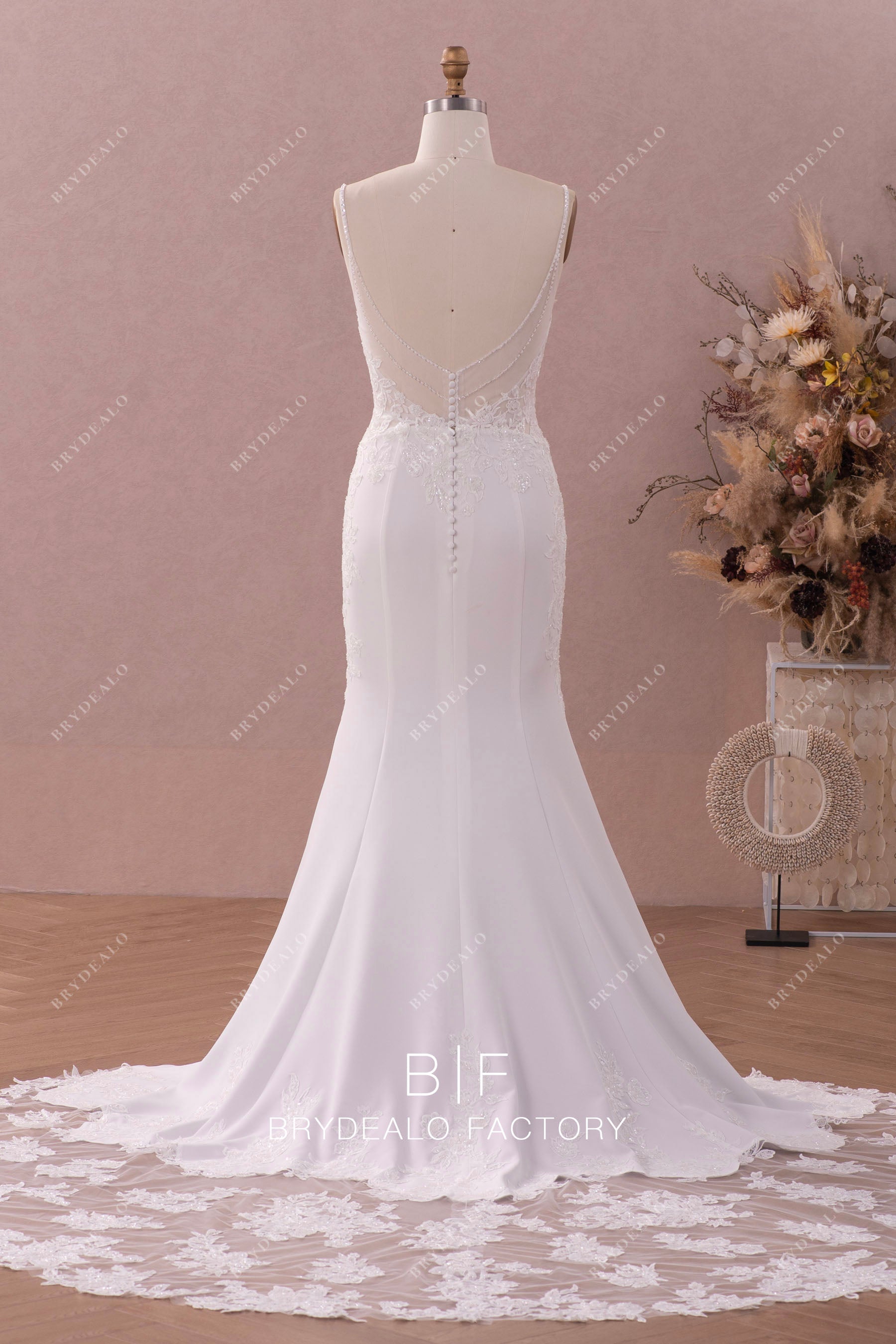 open back crepe mermaid illusion lace train wedding dress