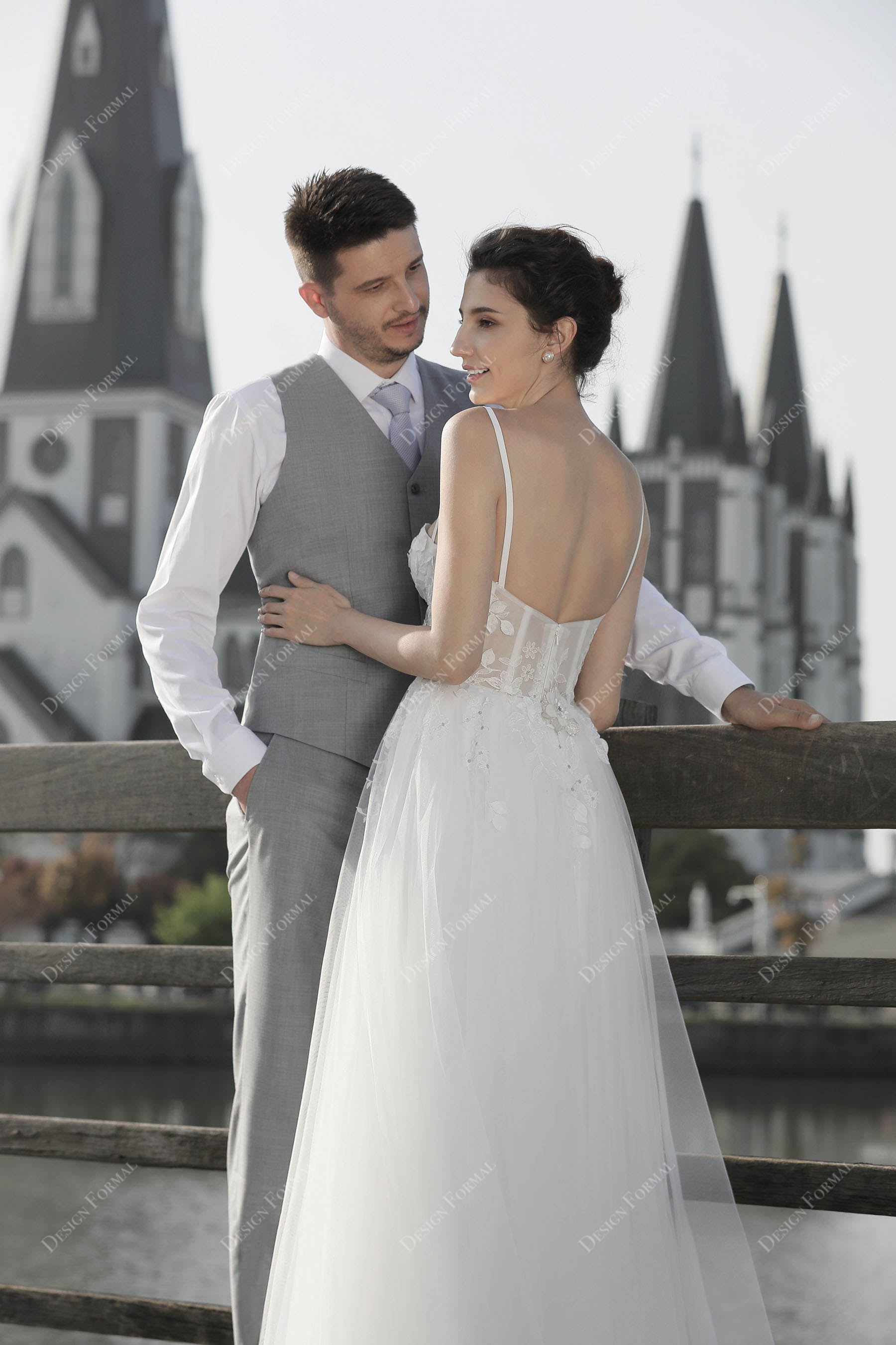 open back exposed boning A-line wedding gown