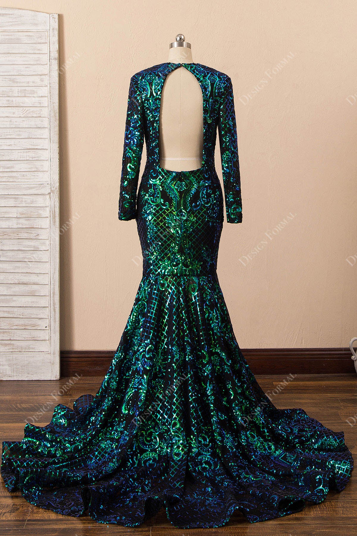 open back long train horsehair prom dress