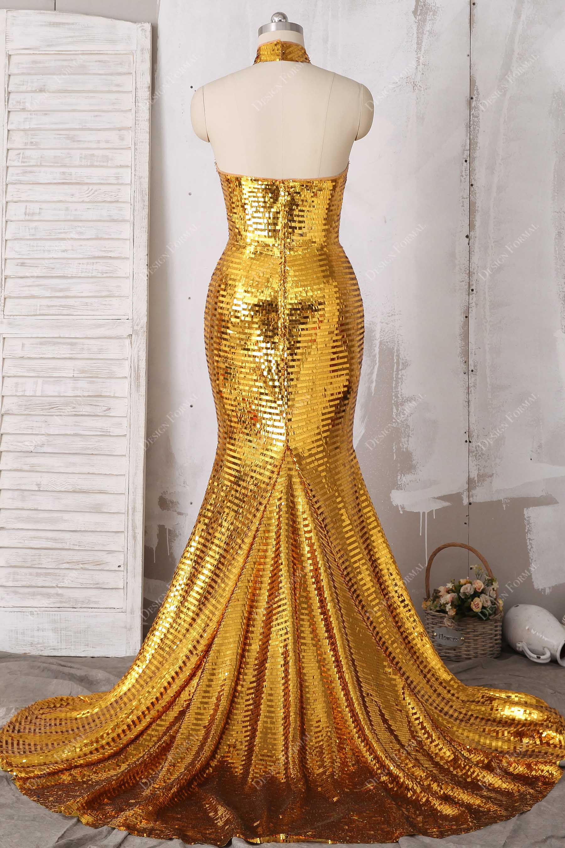 Open Back Mermaid Halter Sequin Prom Dress
