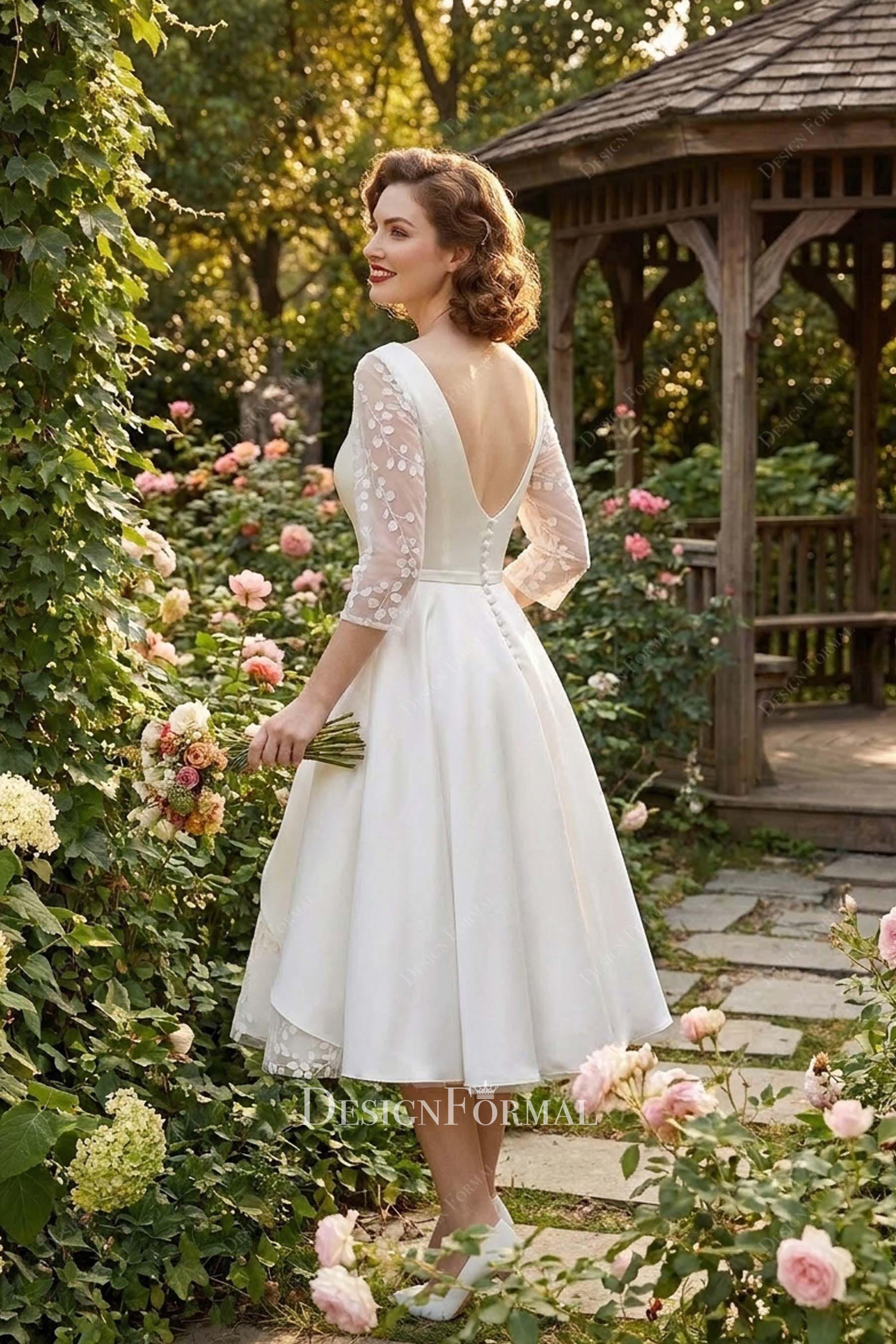 custom open back satin pockets short wedding dress