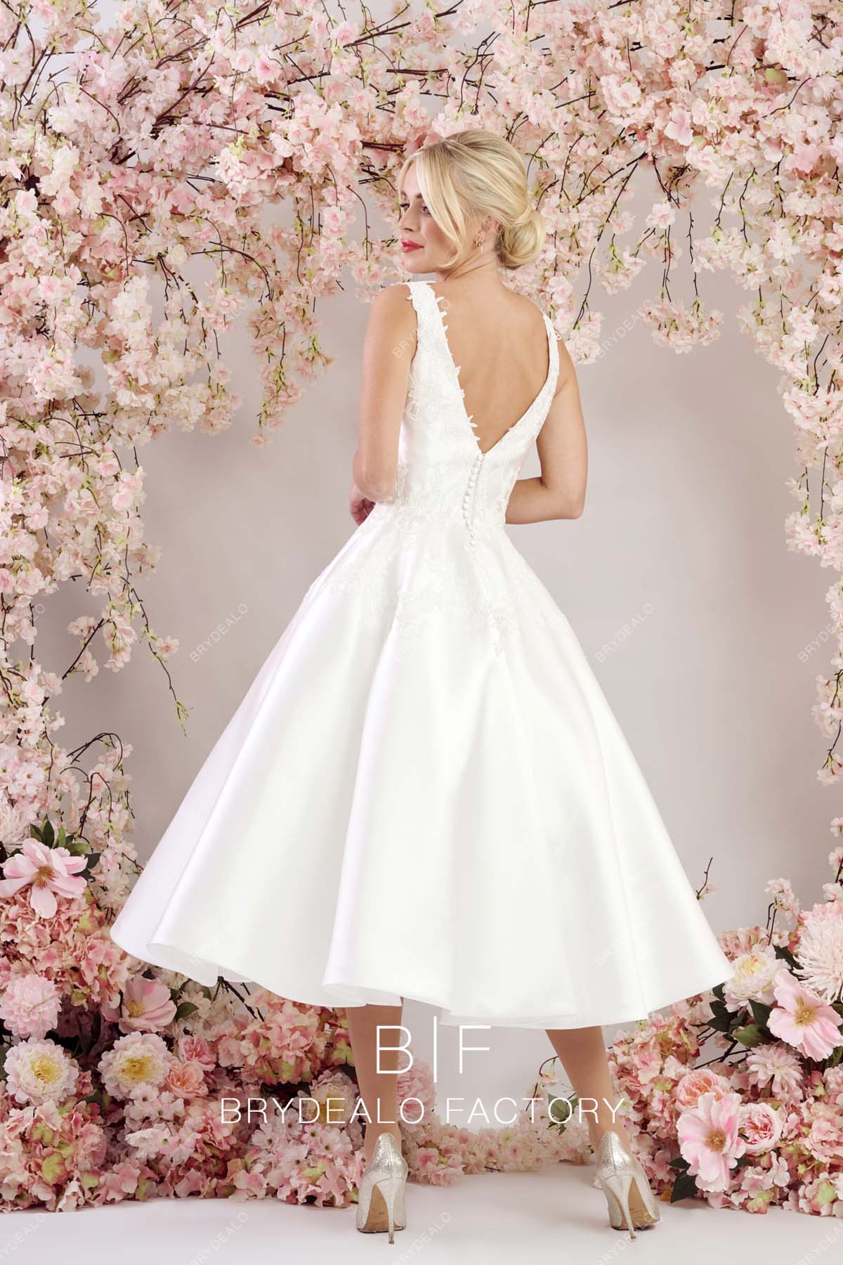 open back short satin vintage wedding dress
