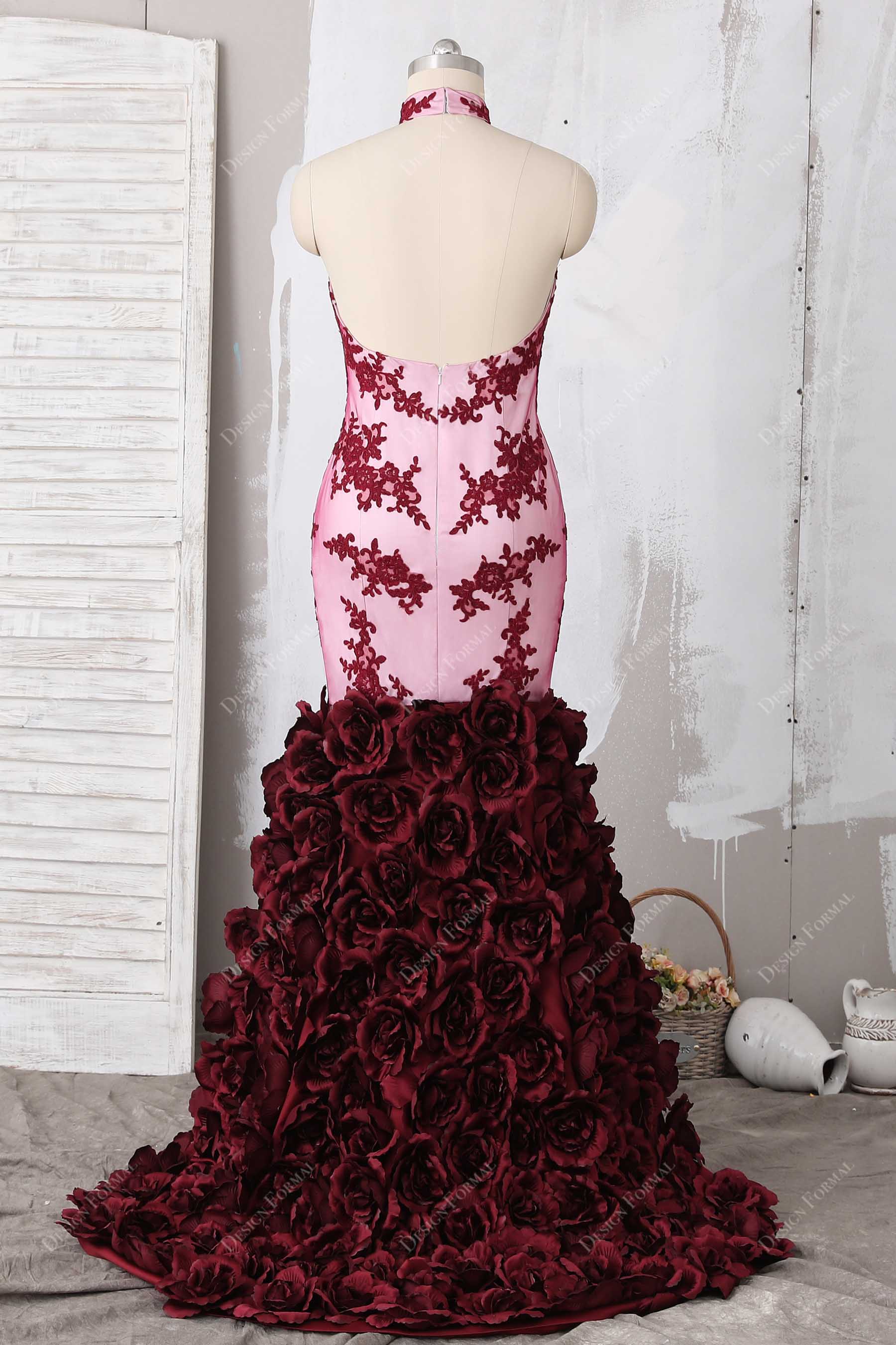open back trumpet burgundy appliques prom dress