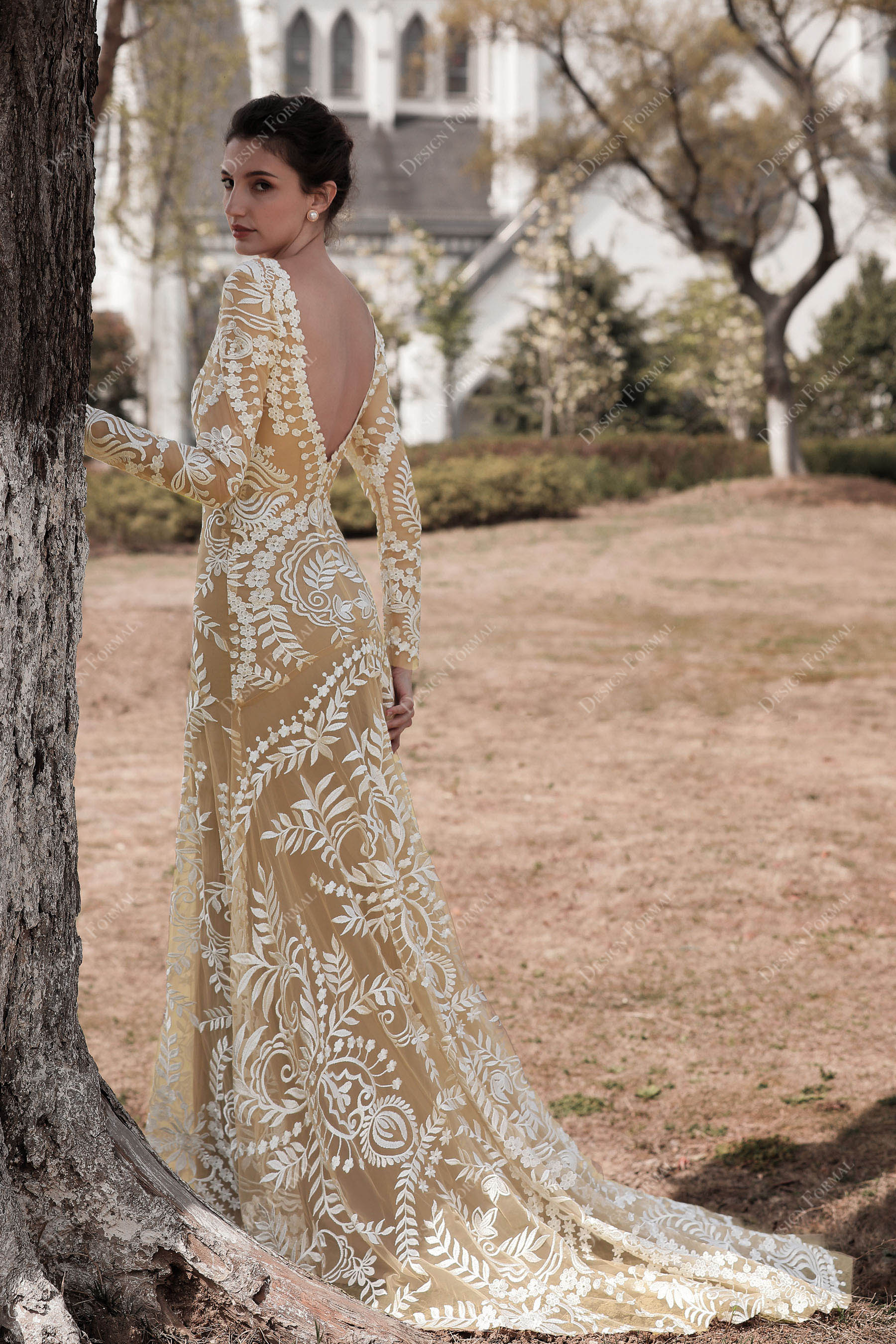 open V-back mermaid destination bridal dress