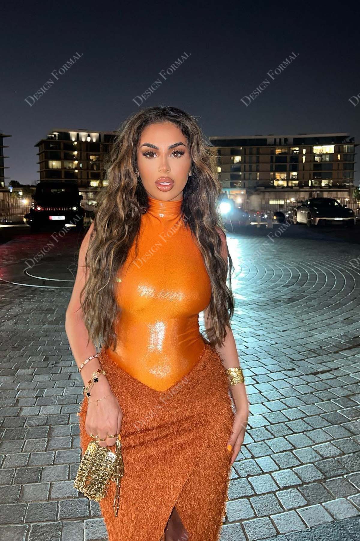 orange glitter feather basque waist high neck custom prom dress