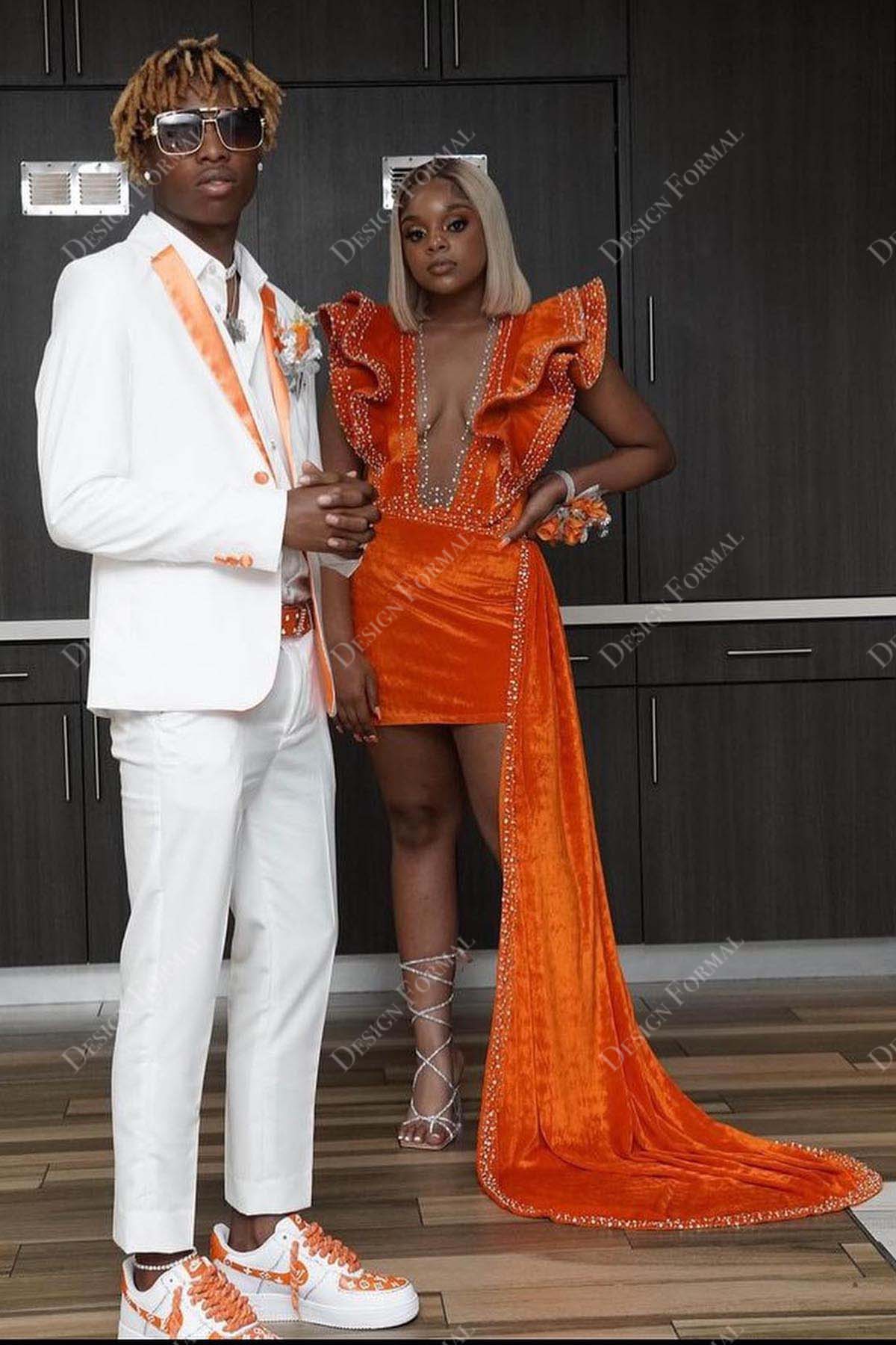 Orange Beaded Plunging Ruffled Overskirt Dress Orange Beaded Plunging Ruffled Overskirt Dress