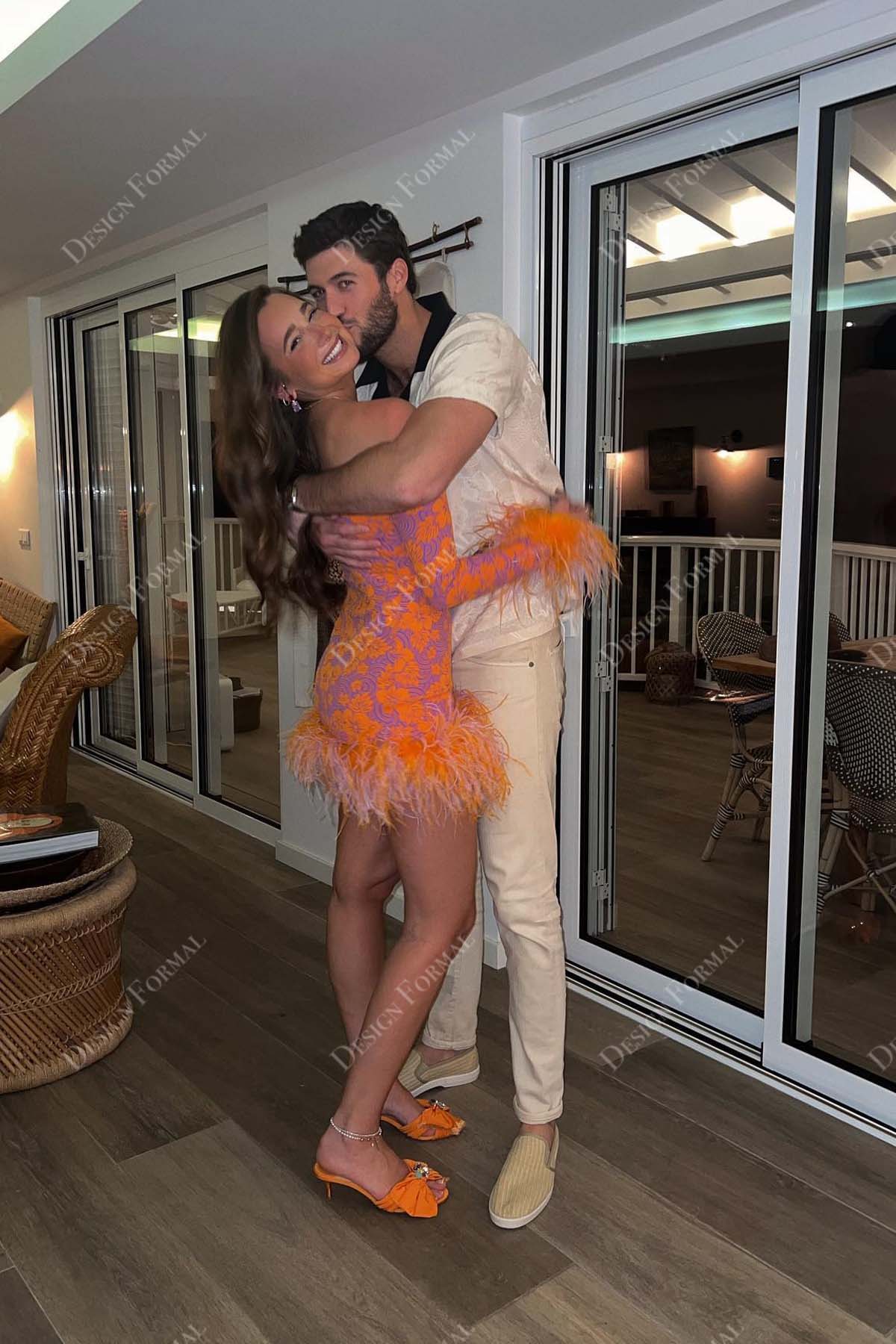 orange feather gloves short tail-made prom dress