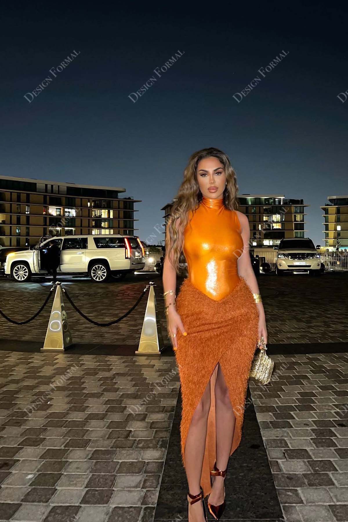 Orange Glitter Basque Waist High Neck Feather Slit Maxi Prom Dress Orange Glitter Basque Waist High Neck Feather Slit Maxi Prom Dress