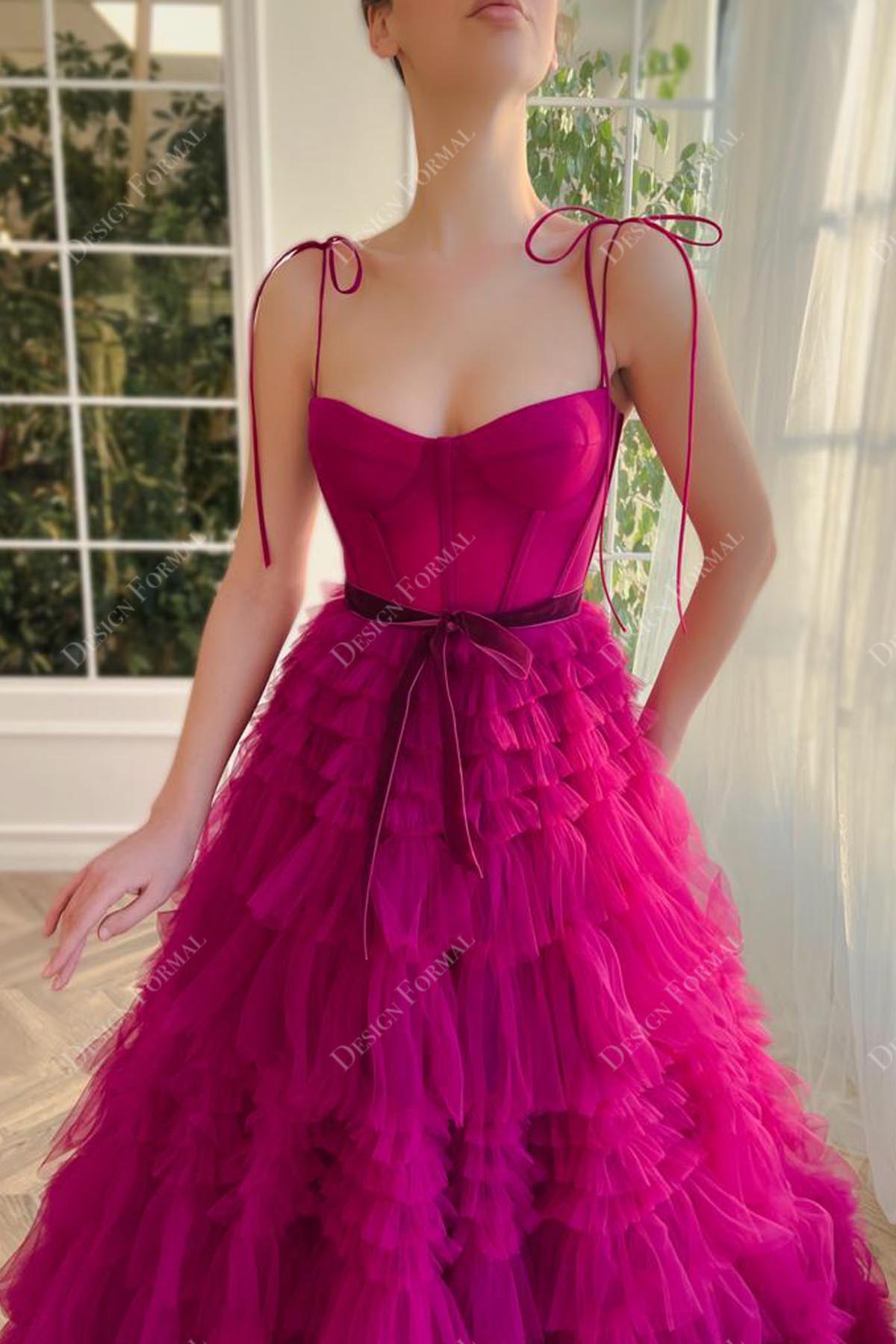 orchid shoulder tie illusion corset dress