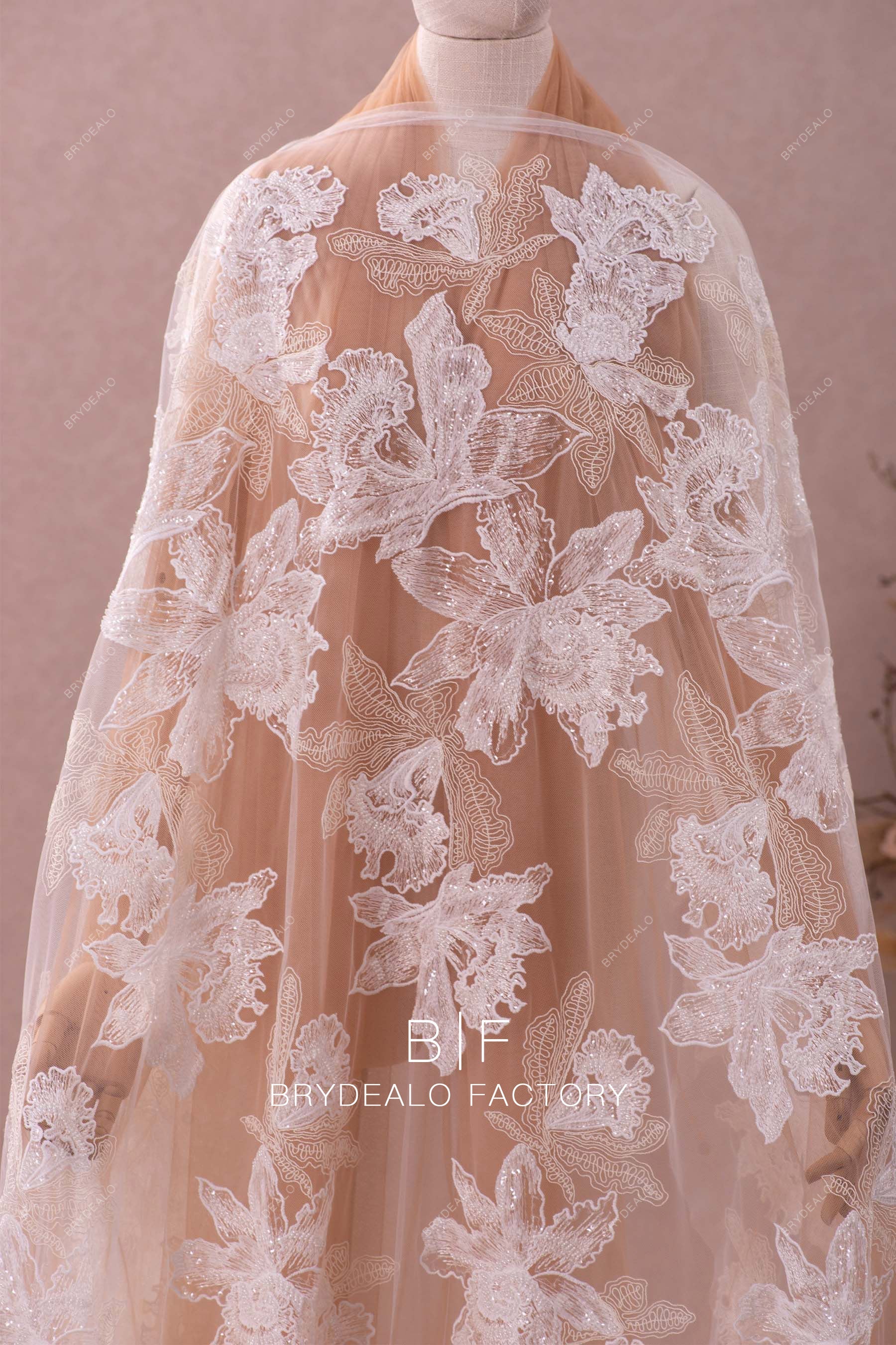 Designer Organic Big Beaded Flower Embroidery Lace Fabric