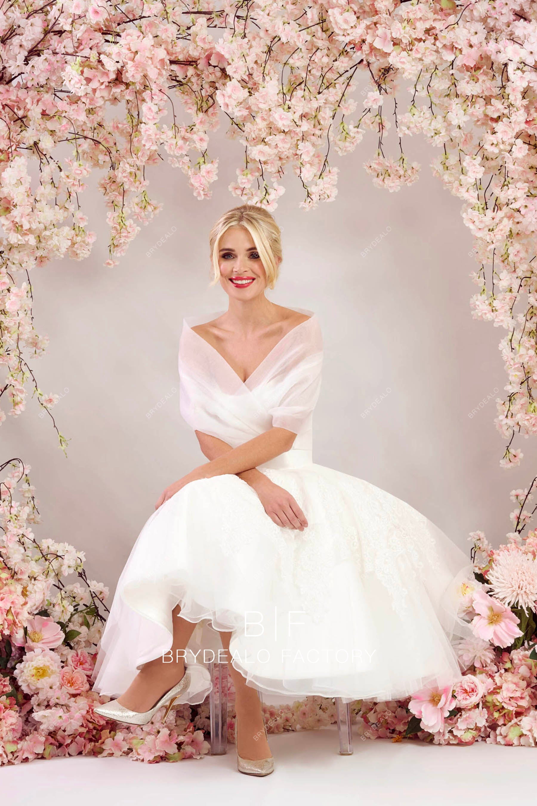 Wedding Dress Blush Wrap Dress Short Strapless Scoop Neck Satin