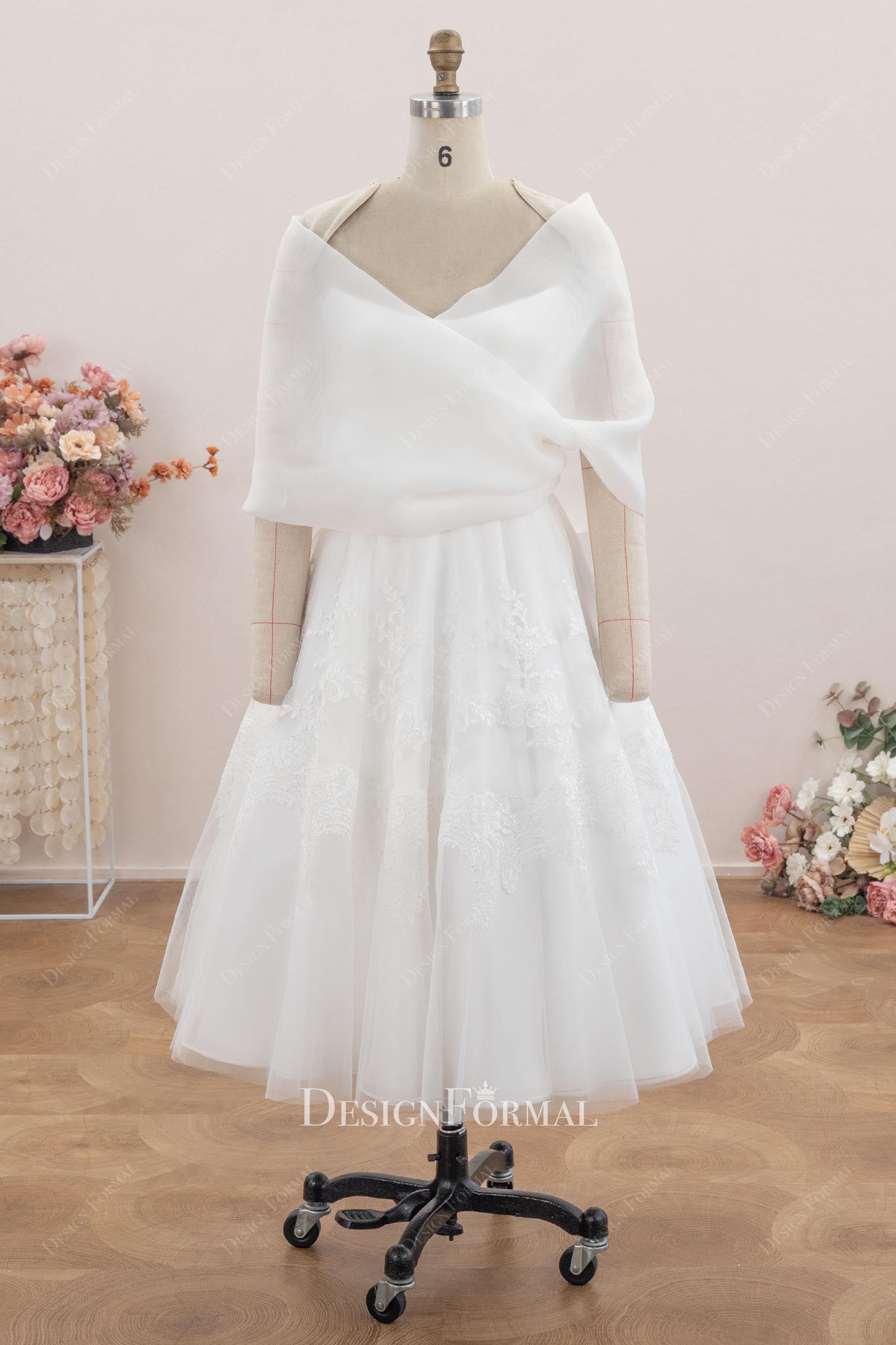 wrap short organza vintage wedding gown