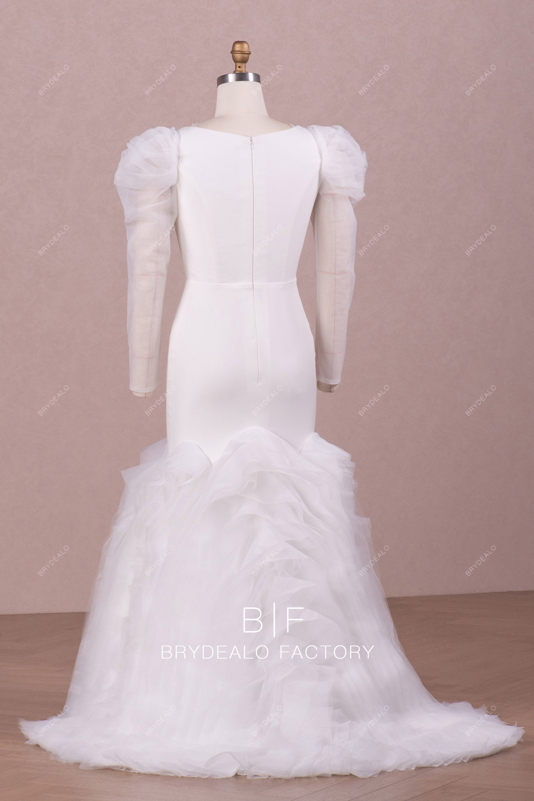 organza ruffled train trumpet wedding dress