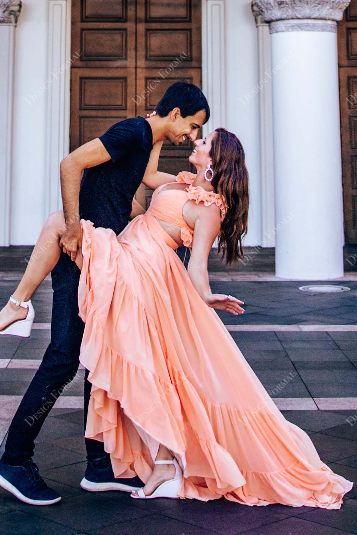 peach chiffon custom ruffled straps prom dress