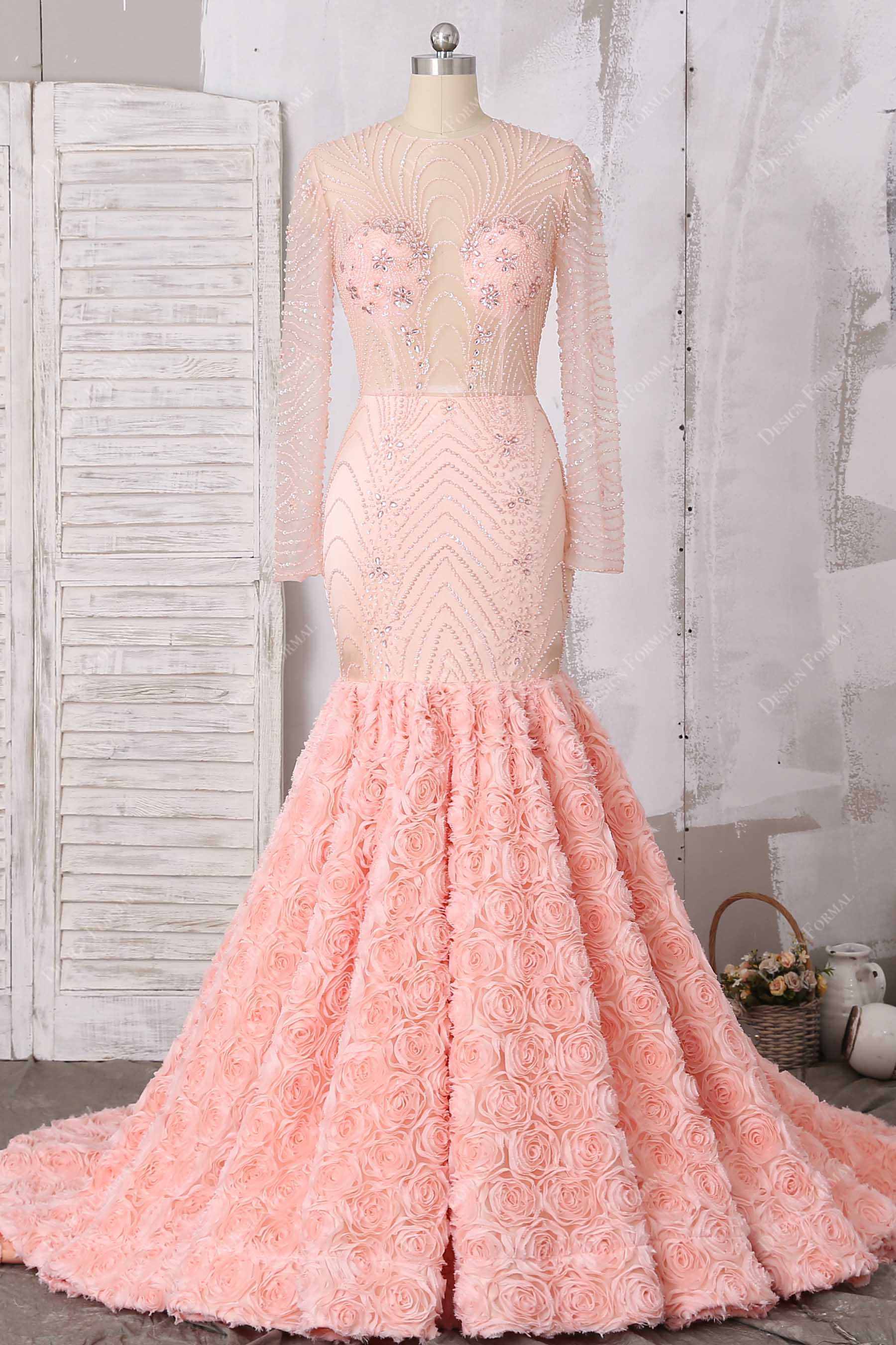 peach pink beaded 3D roses trumpet prom dress