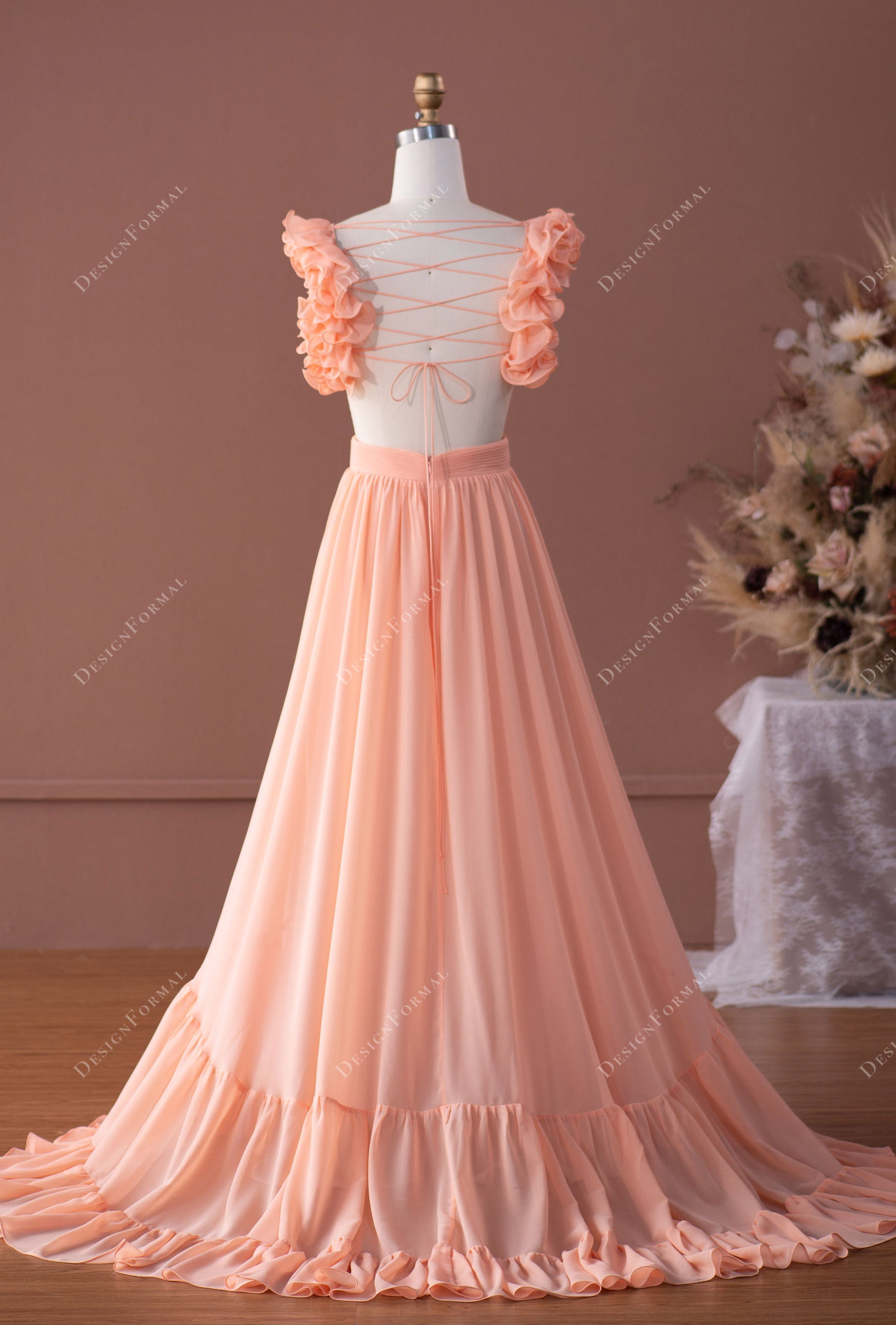 peach pink criss cross back flowing chiffon formal gown