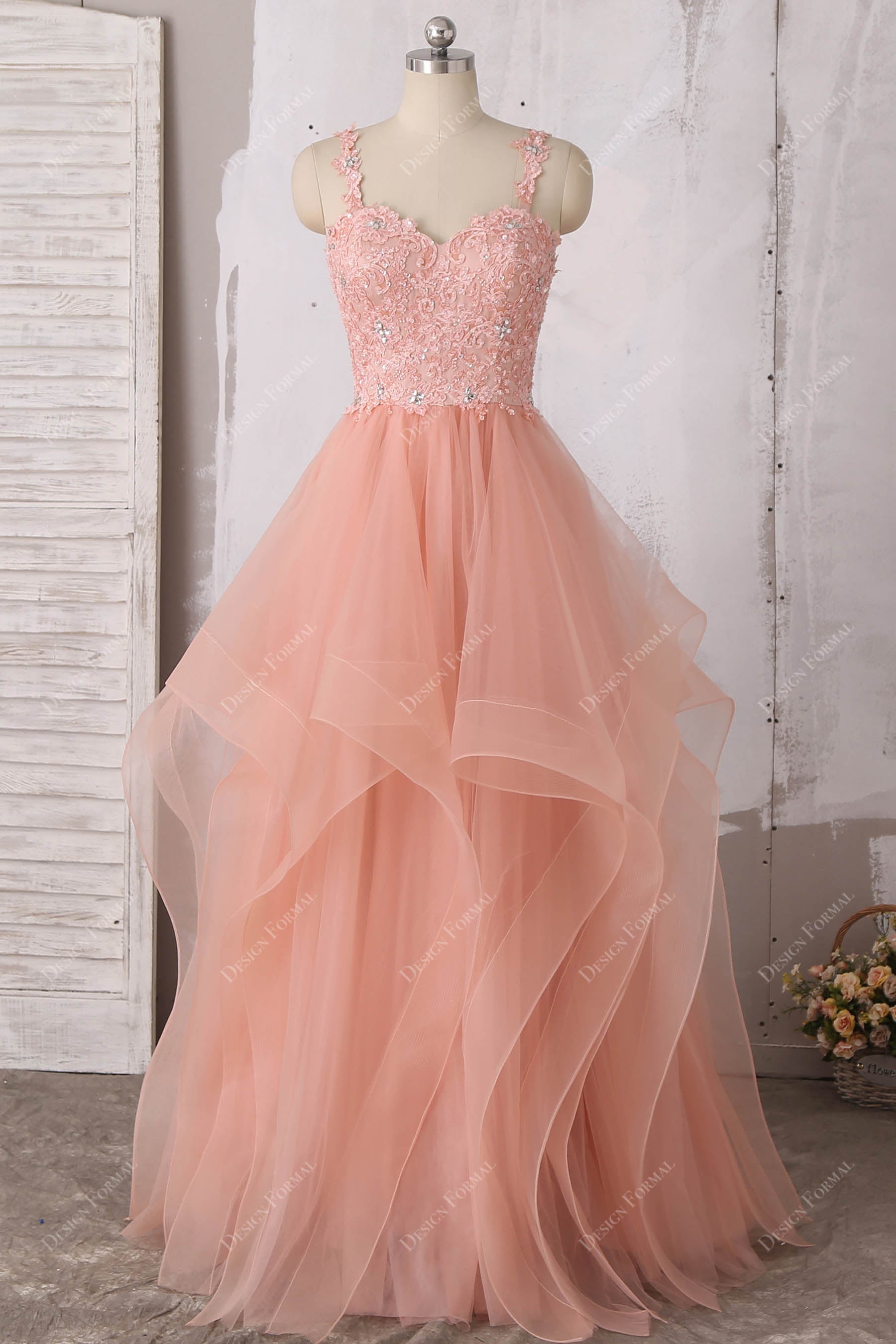 Peach Lace Spaghetti Straps Ruffled Tulle Trendy Prom Wedding Dress