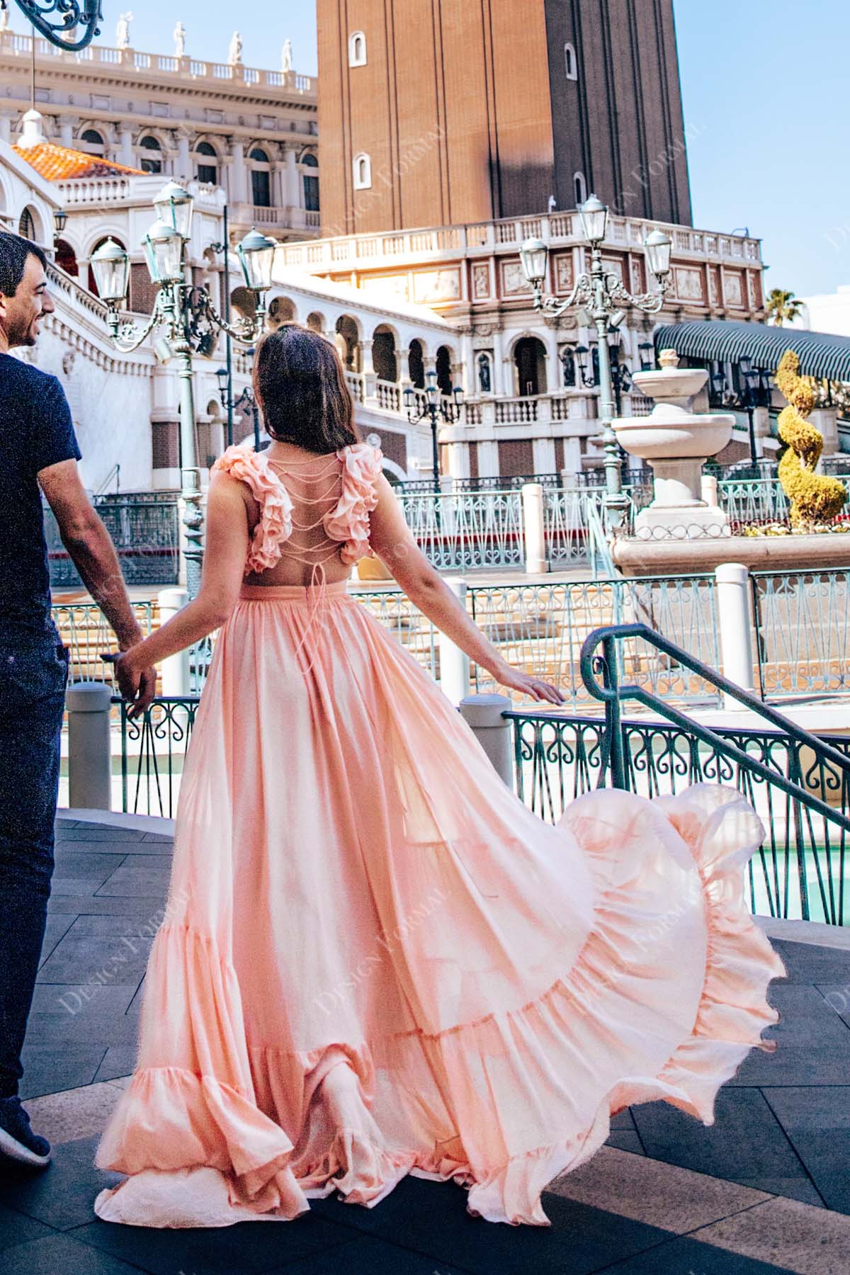 peach ruffled straps made to order chiffon dress