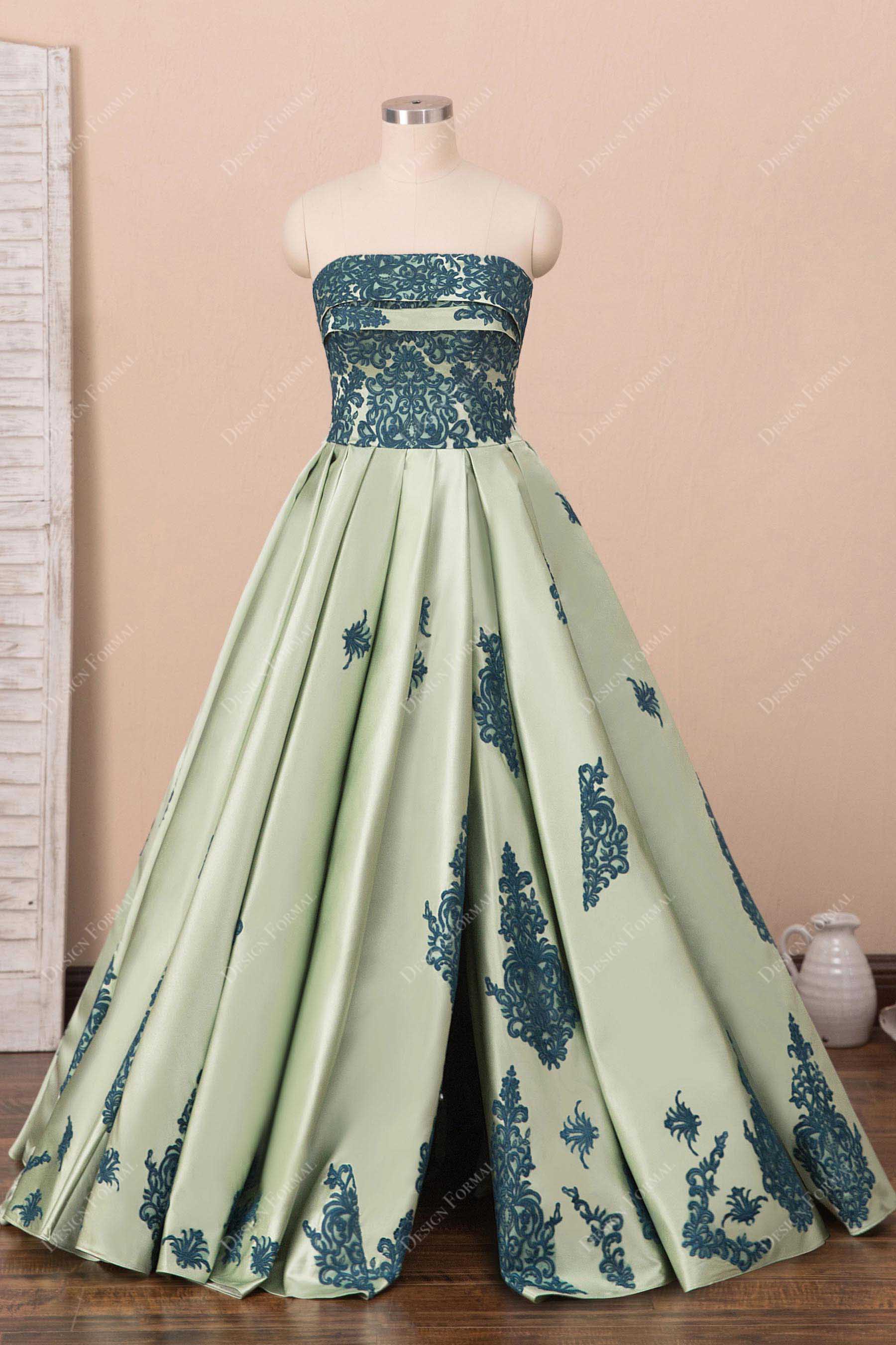 white christmas dresses Peacock Lace Strapless Straight Across Neck Sage Satin Slit Dress