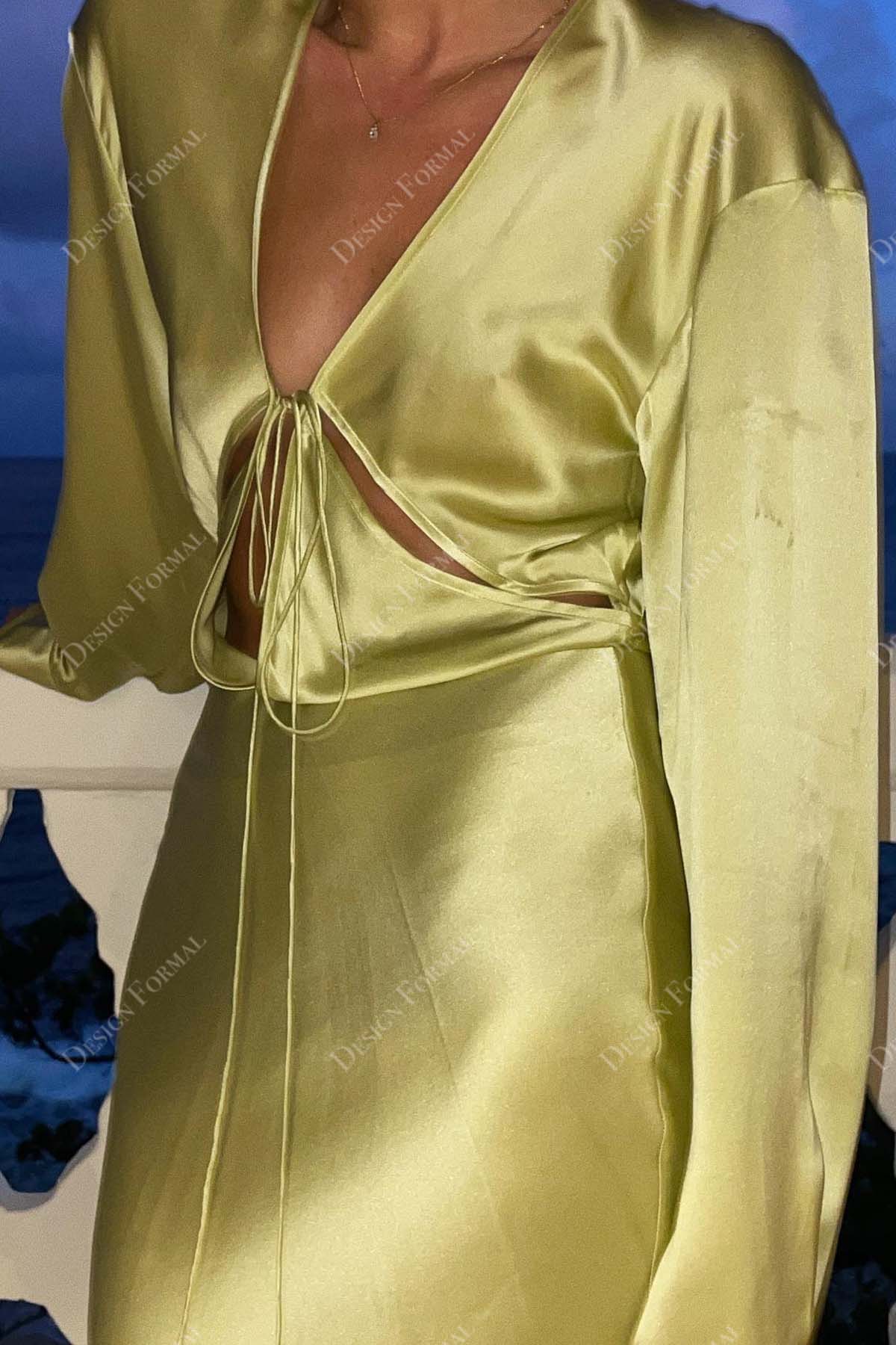 pearl green V-neck charmeuse cutout long sleeves prom dress