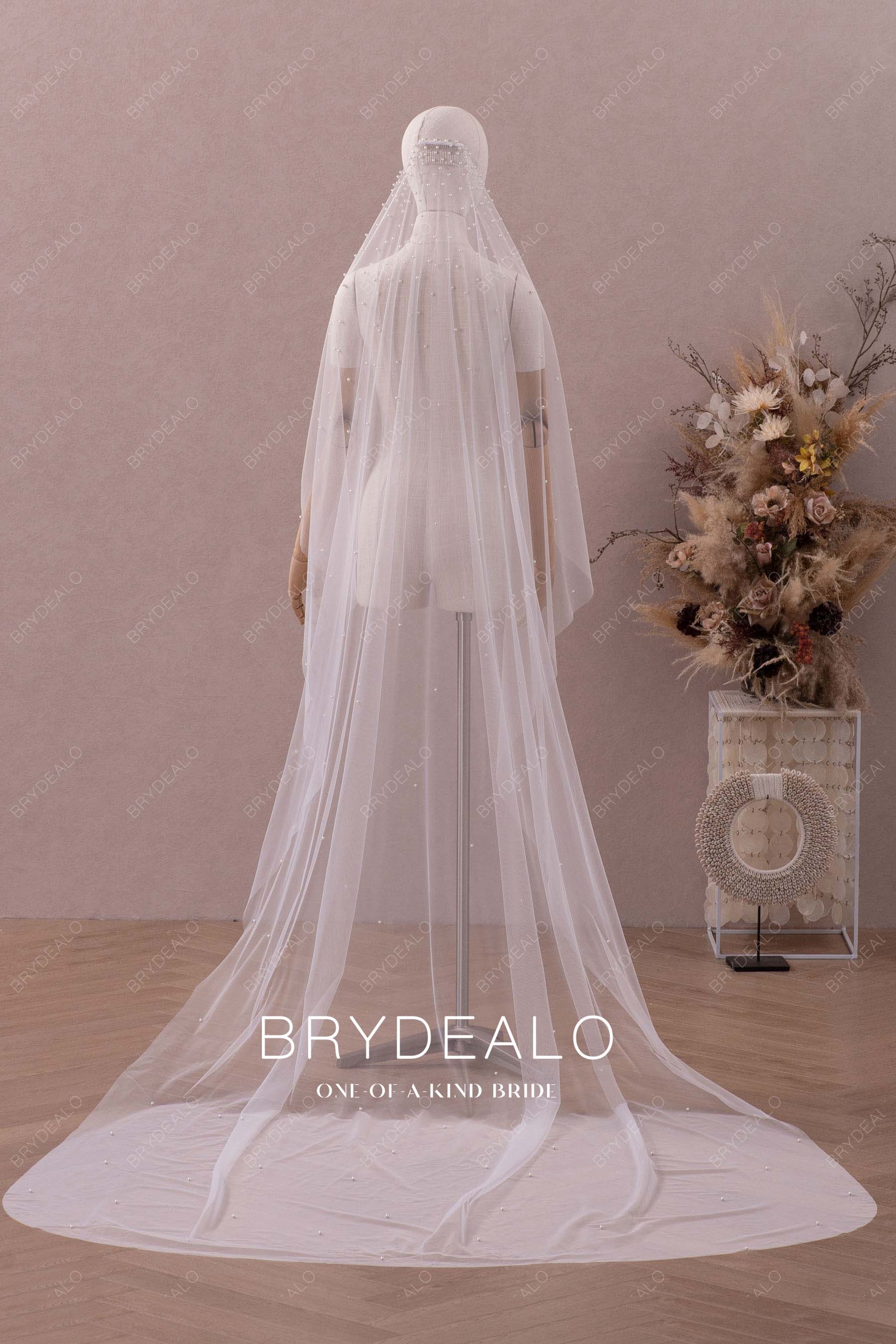 Brydealo Factory Chapel Length Rhinestone Tulle Wedding Veil